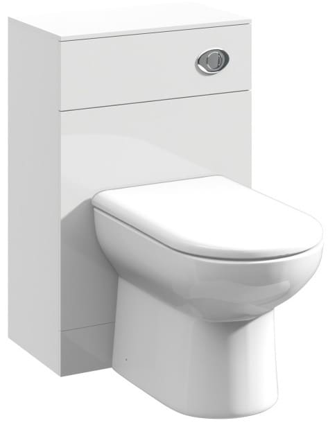 Modern white close-coupled toilet with concealed cistern and flush button, ideal for contemporary bathroom designs.