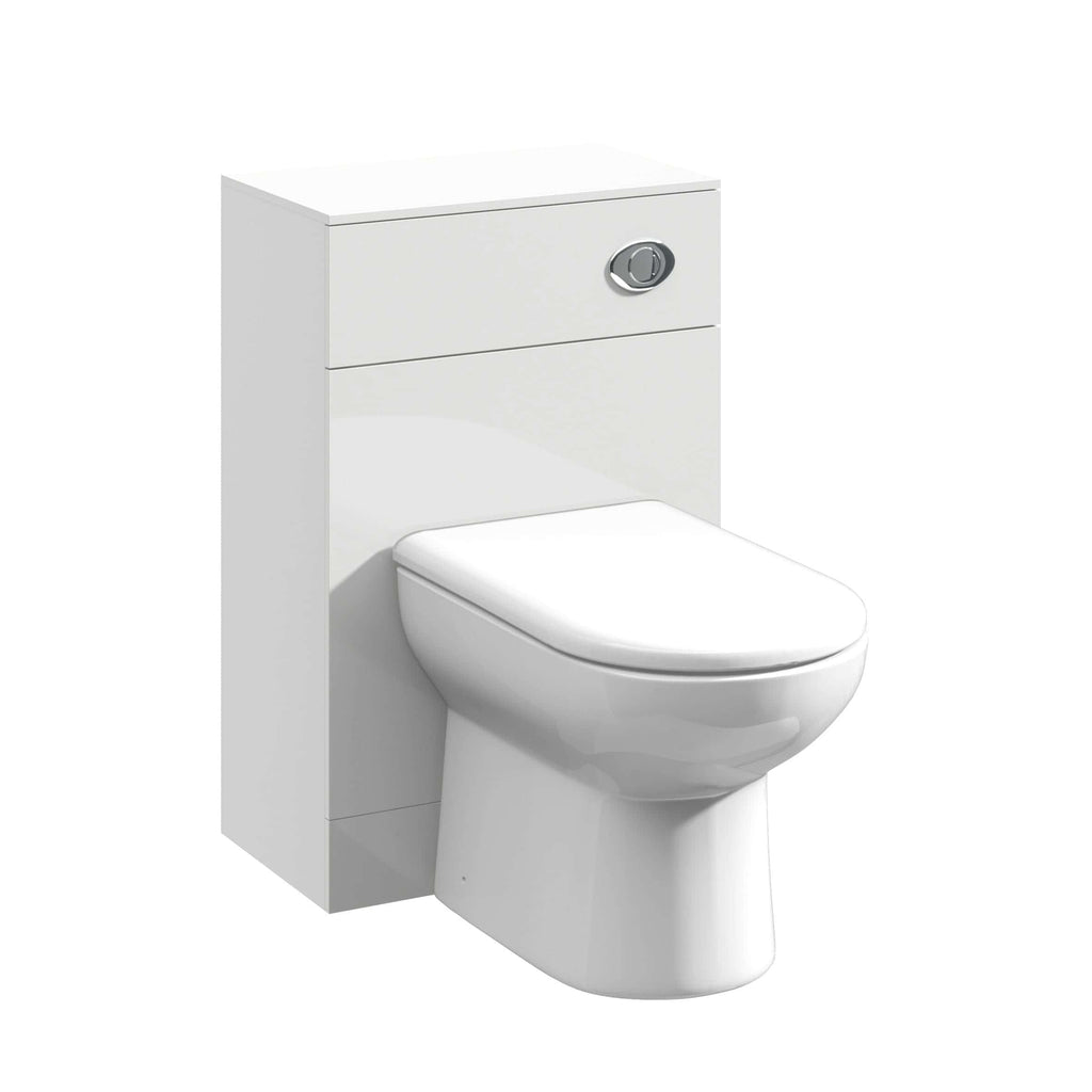Modern white close-coupled toilet with built-in cistern, ideal for contemporary bathrooms, featuring a sleek design and efficient flushing system for optimal bathroom hygiene and space-saving.