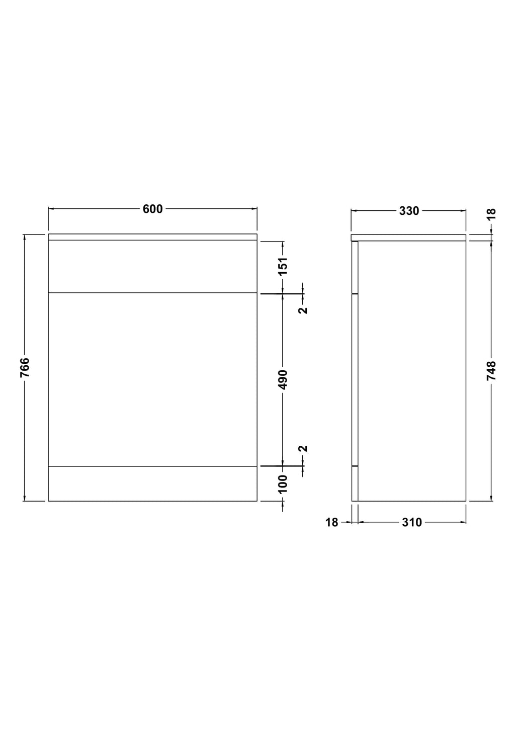 High-quality detailed technical drawing of a modern bathroom vanity cabinet with precise measurements, designed for custom bathroom renovation, includes front and side views, ideal for bathroom storage solutions.