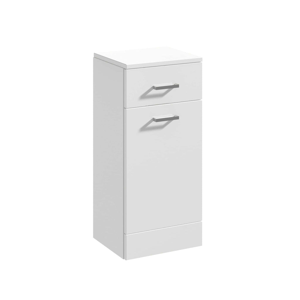 White bathroom cabinet with two drawers and silver handles, ideal for bathroom storage. Compact and functional design, perfect for organising toiletries and cleaning supplies.