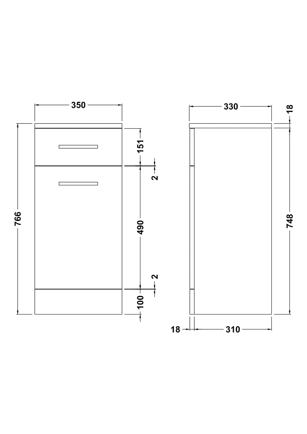 Stylish bathroom vanity unit with two drawers, modern design, and durable materials, perfect for contemporary bathrooms. Height: 766mm, width: 350mm, depth: 330mm.