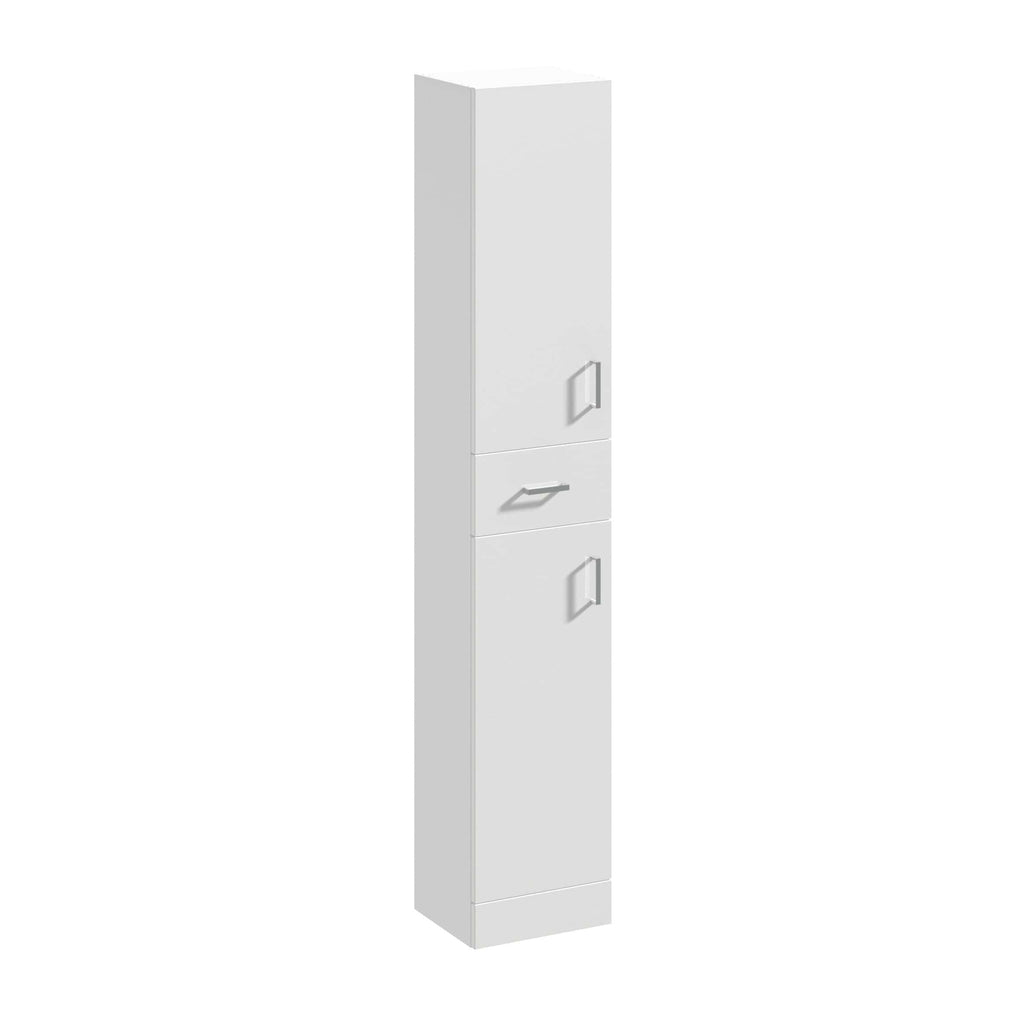 Modern white bathroom storage cabinet with multiple compartments, ideal for organise toiletries and essentials in bathroom or utility room.