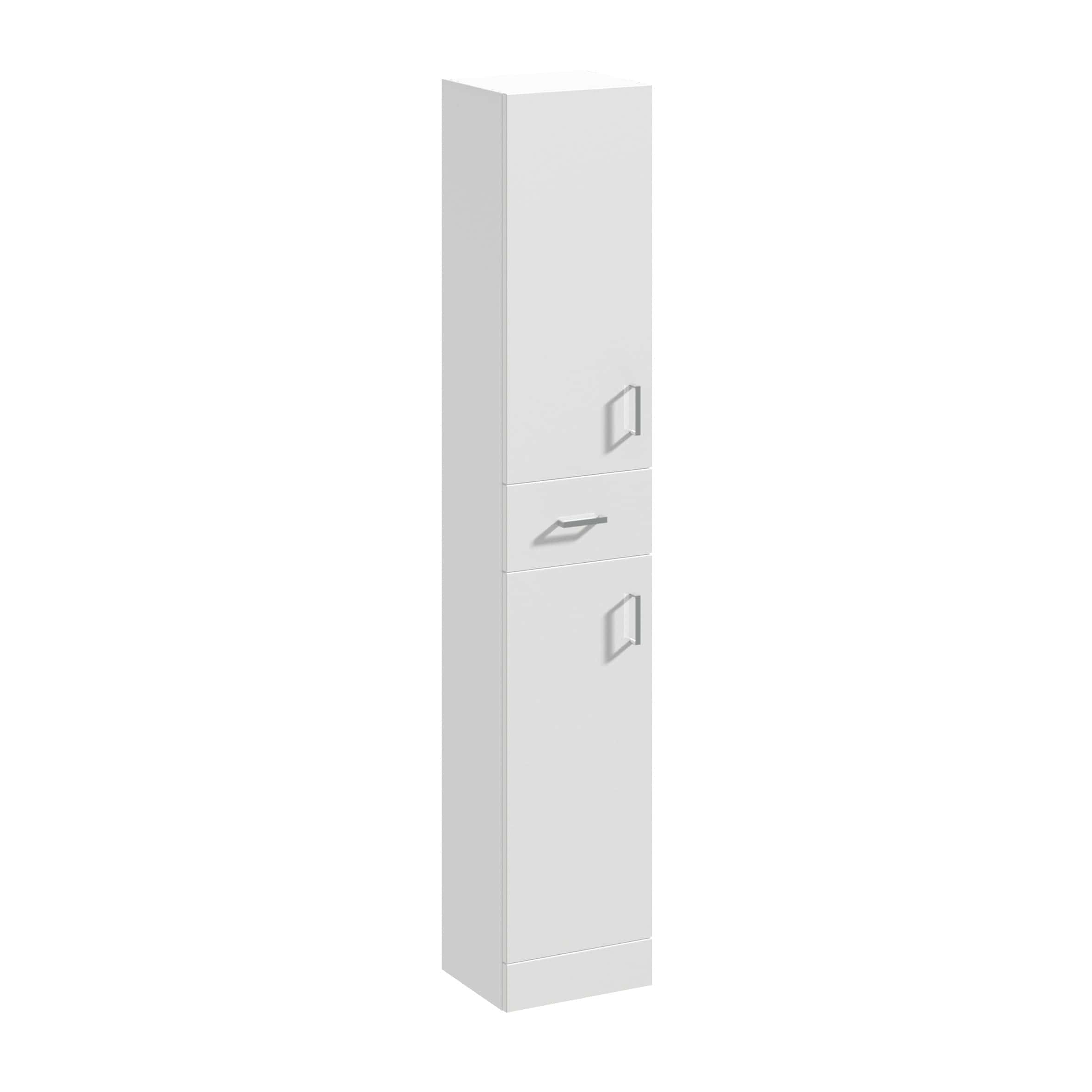 Modern white bathroom storage cabinet with multiple compartments, ideal for organise toiletries and essentials in bathroom or utility room.