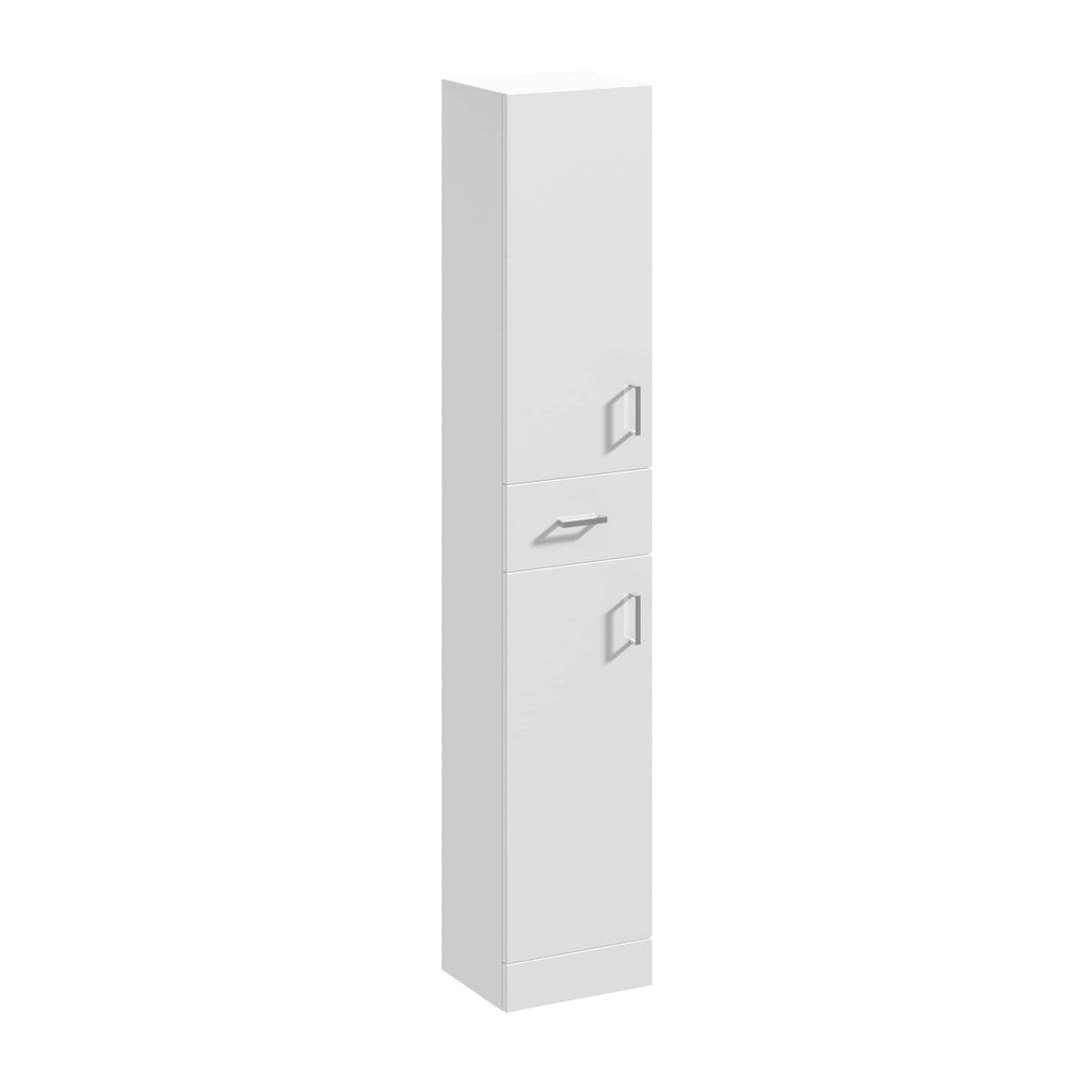 Steel white bathroom storage cabinet with multiple compartments and modern handles, ideal for organising bathroom essentials and maintaining a clean, minimalist look.