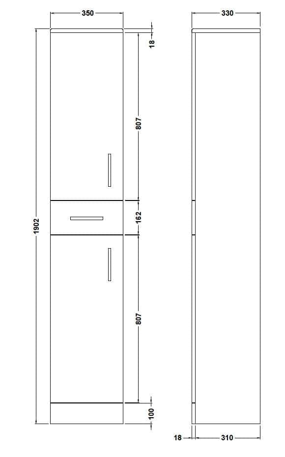 Schematic drawing of a tall bathroom storage cabinet with detailed measurements, ideal for bathroom organisation and furniture planning.