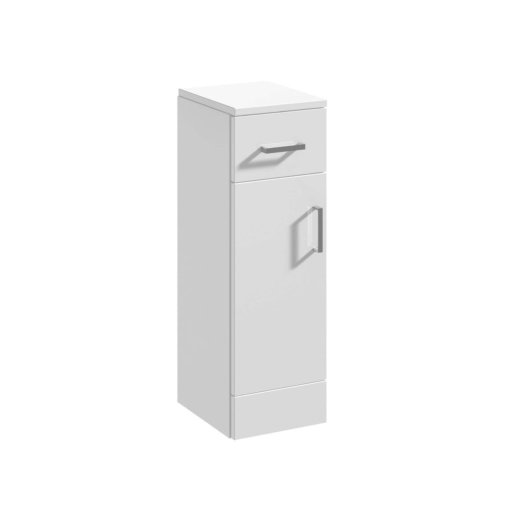 White bathroom storage cabinet with a top drawer and a larger lower compartment, featuring modern chrome handles for bathroom organisation.