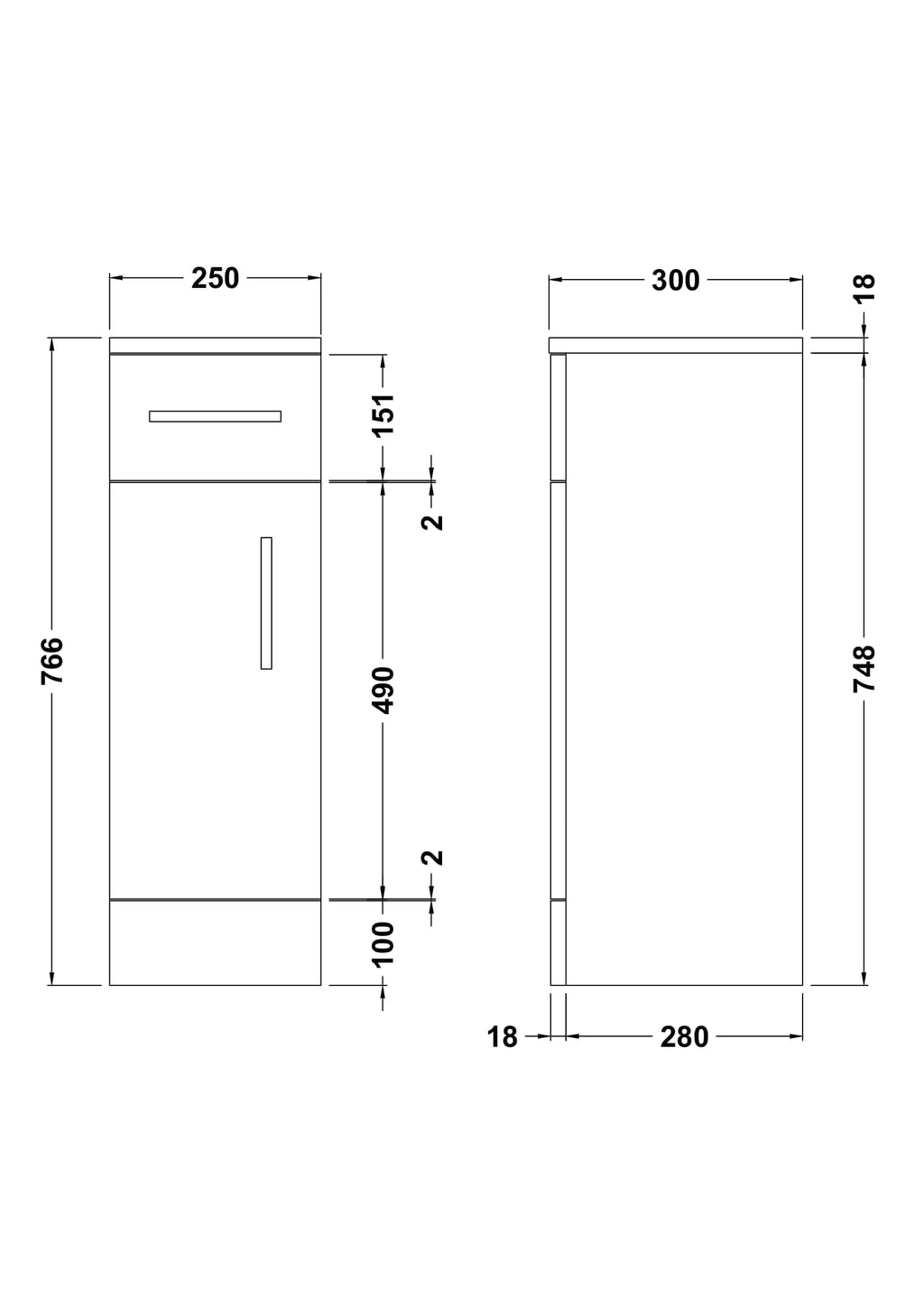 Precision bathroom storage cabinet technical drawing with detailed dimensions and measurements in millimeters, ideal for bathroom renovation or installation.