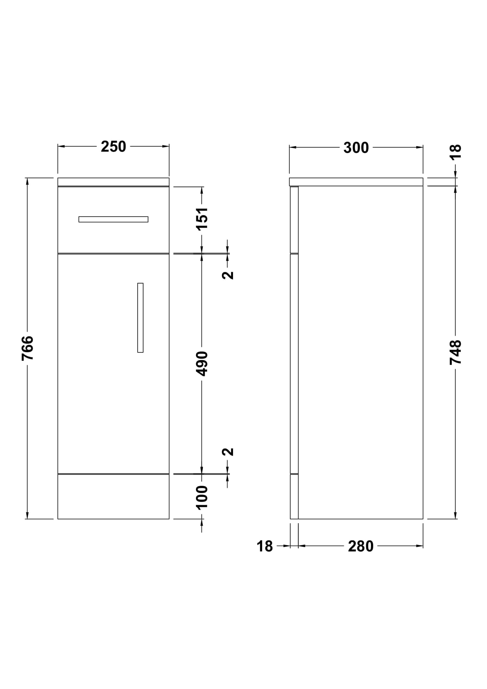 Precision bathroom storage cabinet technical drawing with detailed dimensions and measurements in millimeters, ideal for bathroom renovation or installation.