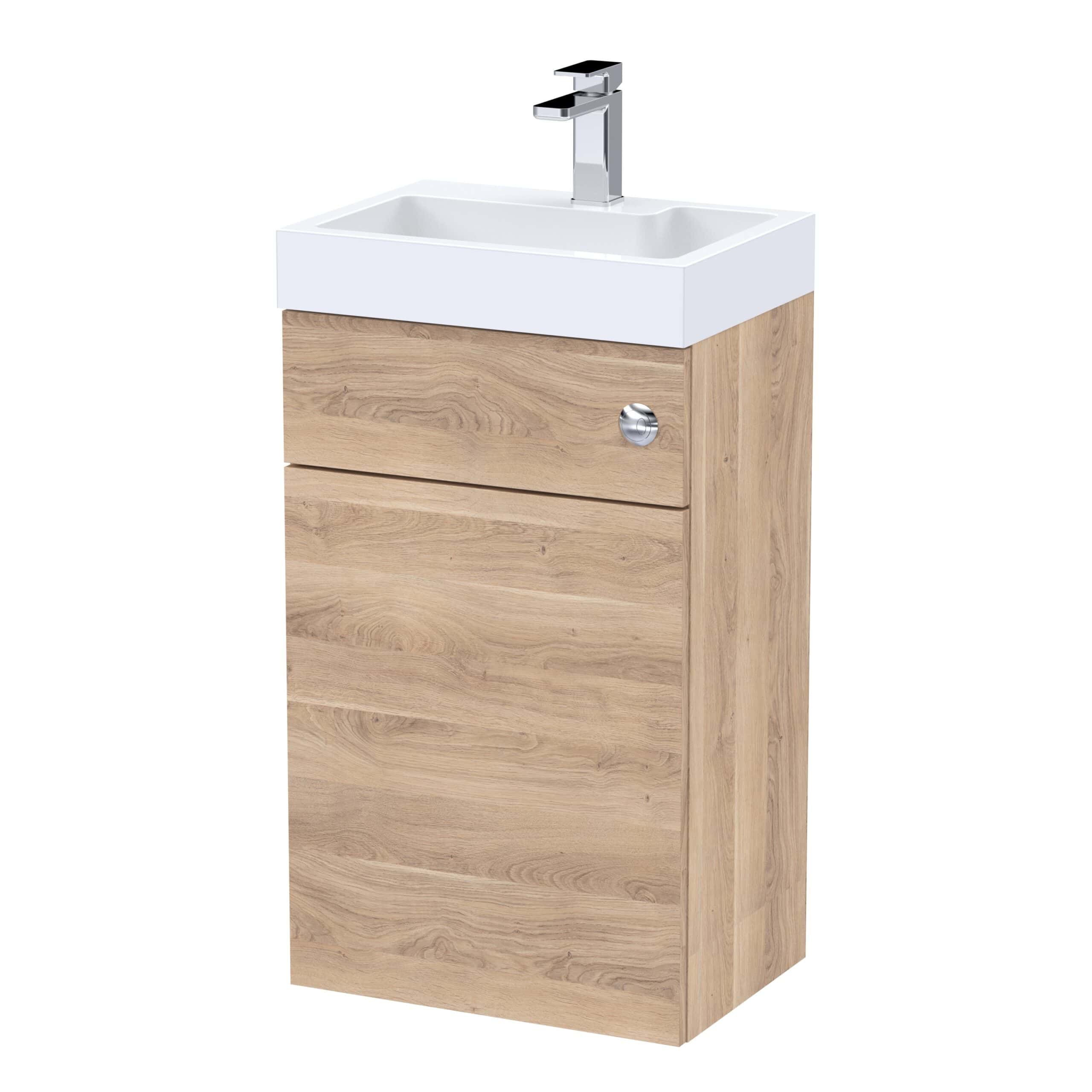 Modern bathroom vanity with a white ceramic sink, sleek chrome tap, and natural wood finish, ideal for stylish and functional bathroom designs.
