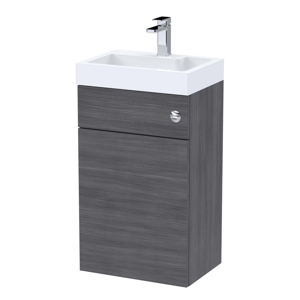 Modern bathroom vanity unit with integrated sink and grey wood finish, ideal for contemporary bathroom designs. Features ample storage space with sleek, minimalist styling for functional and stylish bathrooms.