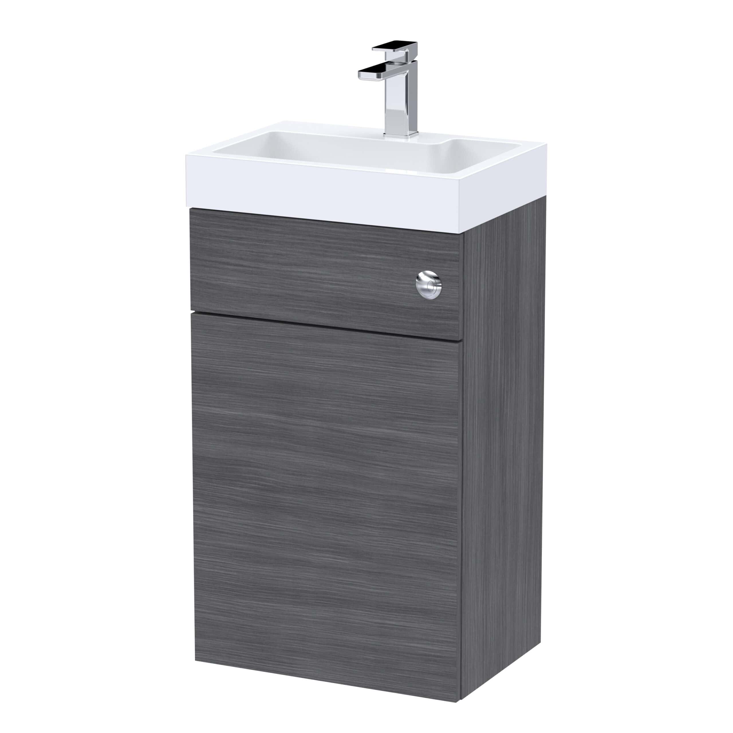 Modern bathroom vanity unit with integrated sink and grey wood finish, ideal for contemporary bathroom designs. Features ample storage space with sleek, minimalist styling for functional and stylish bathrooms.