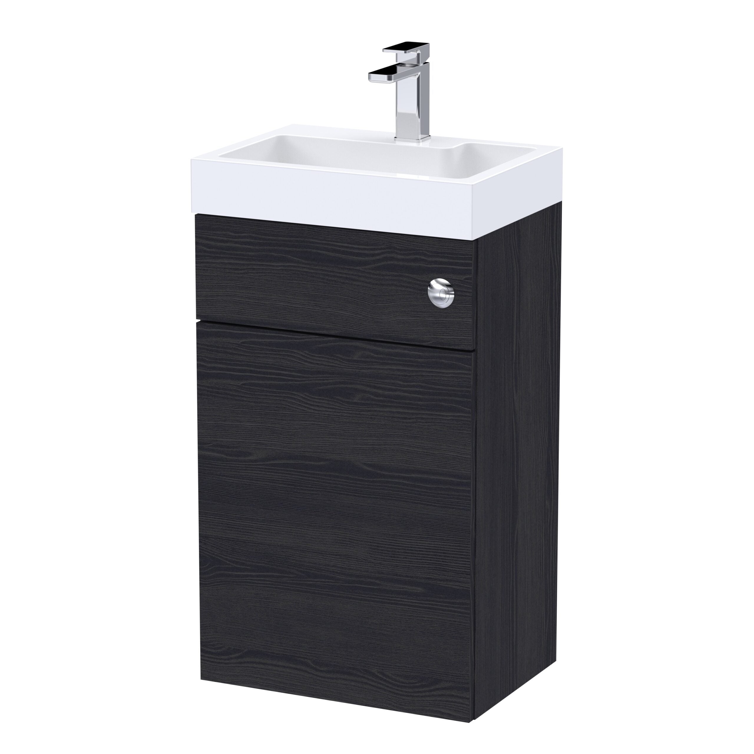 Modern black bathroom vanity with integrated white ceramic sink and sleek chrome faucet, ideal for contemporary bathroom decor.