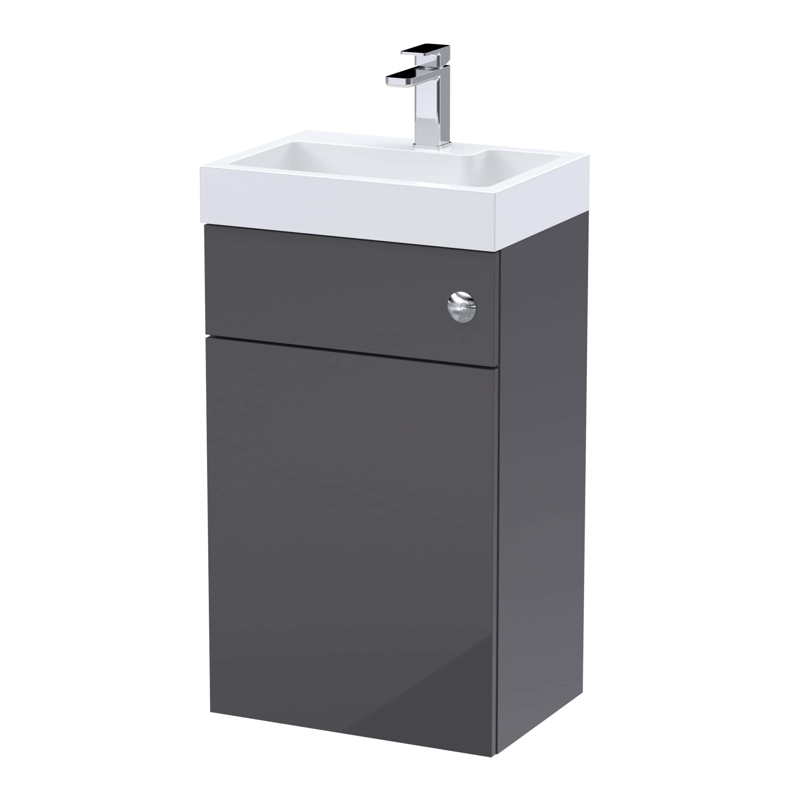 Modern bathroom sink with grey vanity unit and chrome tap, ideal for contemporary bathroom design. Perfect for small spaces, combining style and functionality in bathroom interiors.