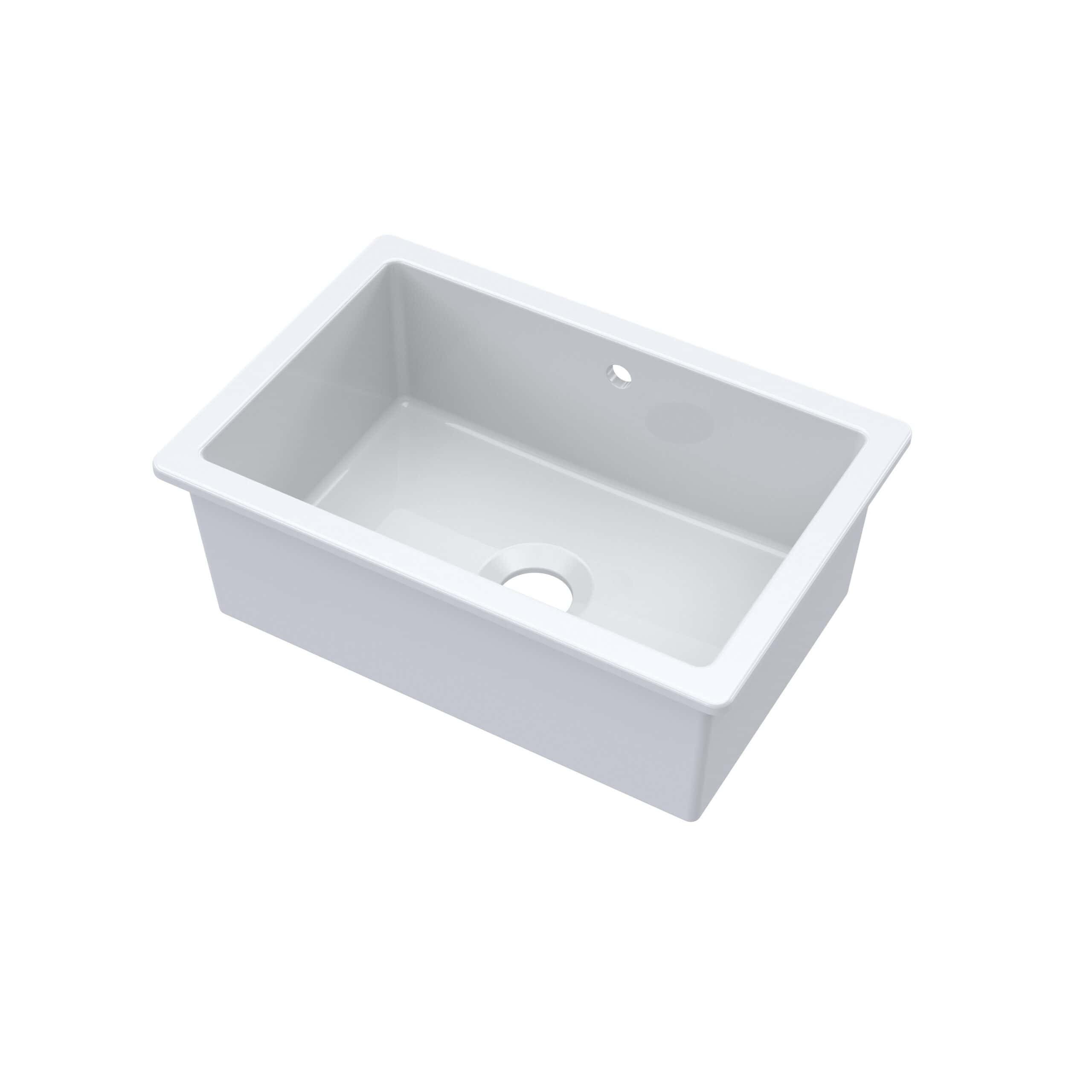 Light grey kitchen sink with integrated drainage and pre-drilled tap hole, designed for modern bathroom or kitchen installations. Durable, easy to clean, and perfect for contemporary interiors.