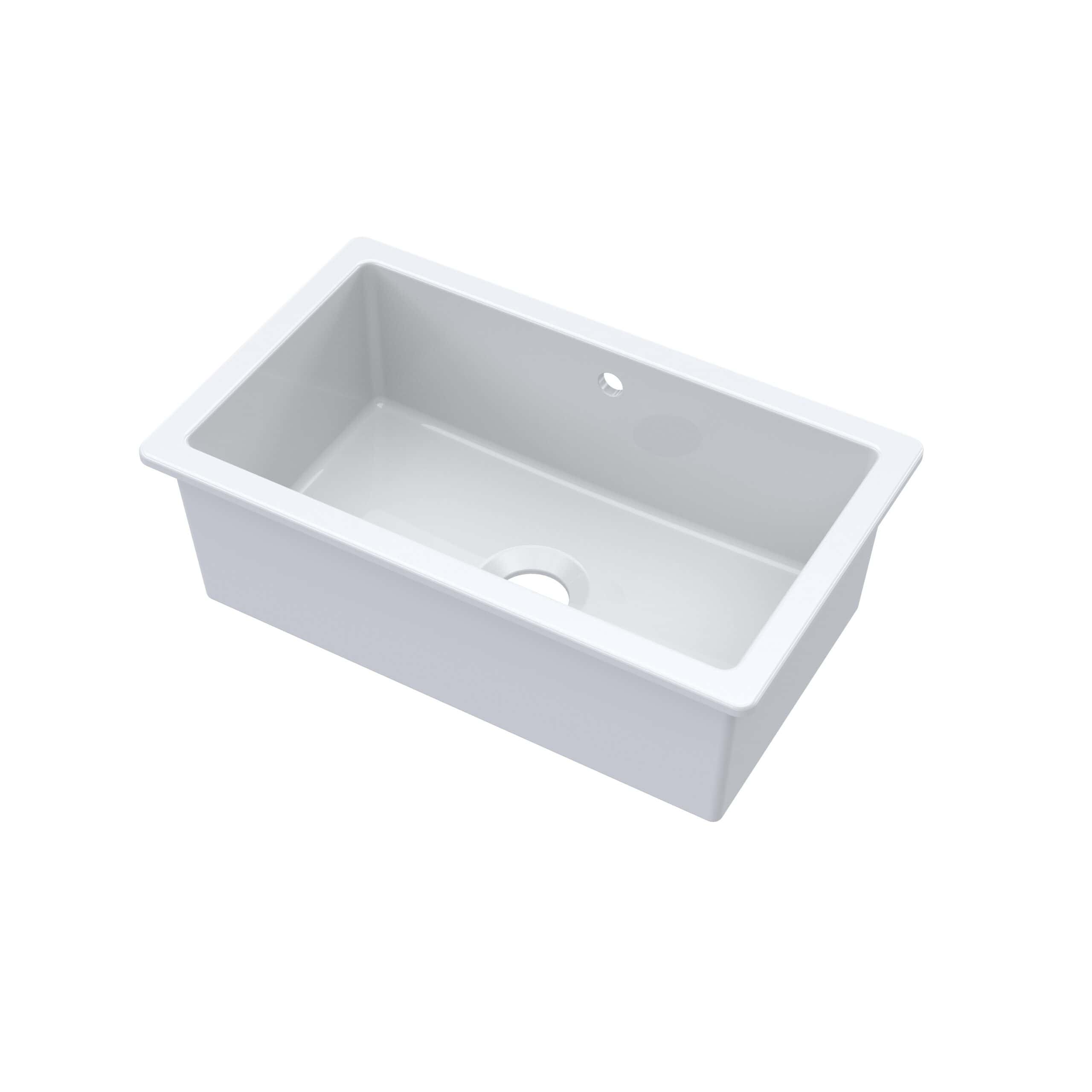 Ceramic kitchen sink with single basin in white, ideal for modern bathrooms and kitchens. Durable and easy to clean, perfect for a stylish, functional space.