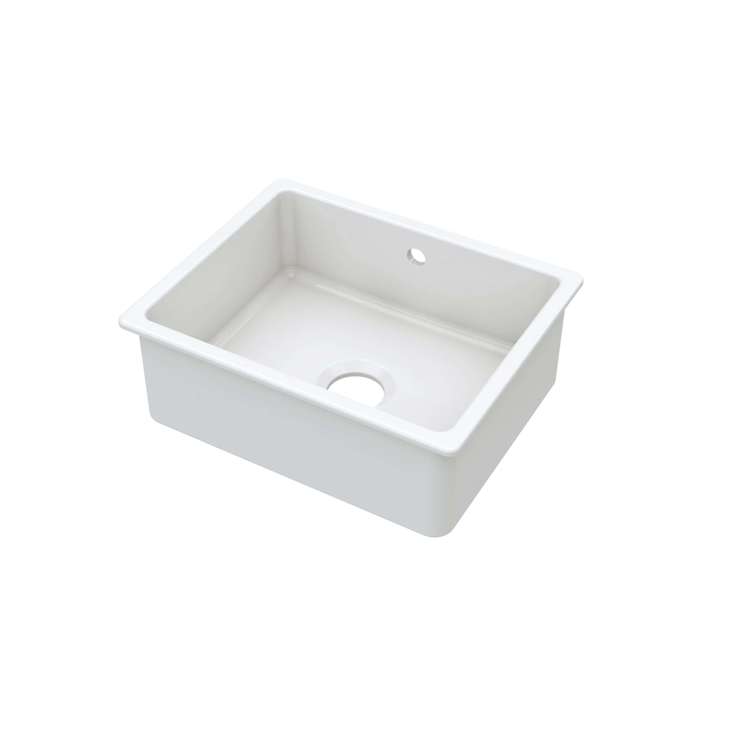 White ceramic kitchen sink with single basin and drain hole, ideal for modern bathroom or utility room renovations. Durable and easy to clean bathroom fixture for contemporary design.