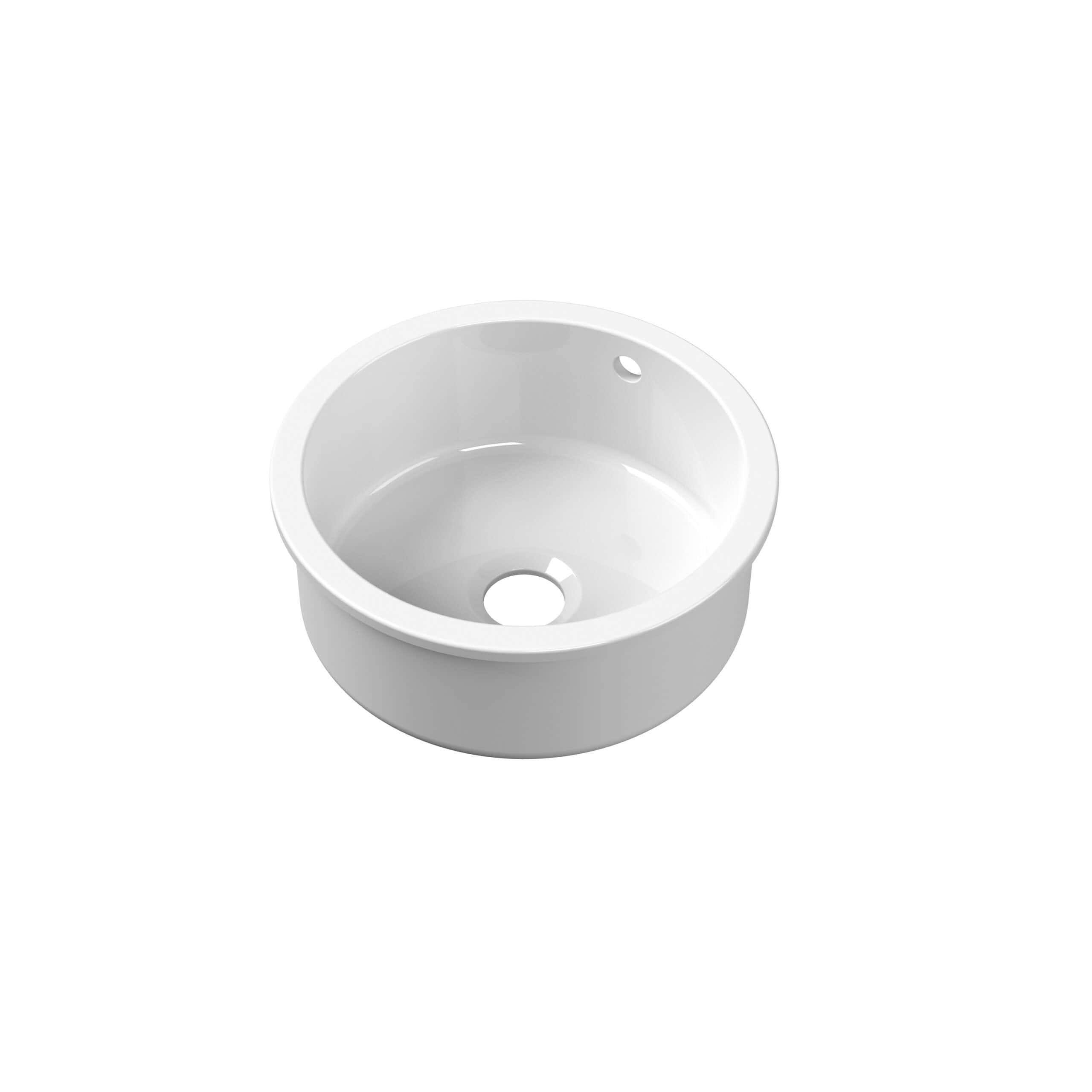 Sleek white round bathroom sink with a smooth finish, designed for modern bathrooms, featuring an overflow hole and central drainage for efficient water disposal.