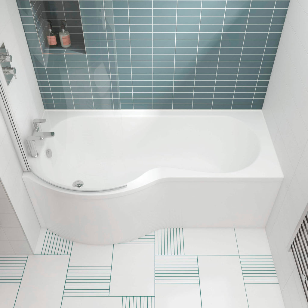Sleek white bathtub with modern fixtures in a contemporary bathroom featuring blue and white tiled walls and patterned floor tiles, perfect for relaxation and stylish bathroom design.