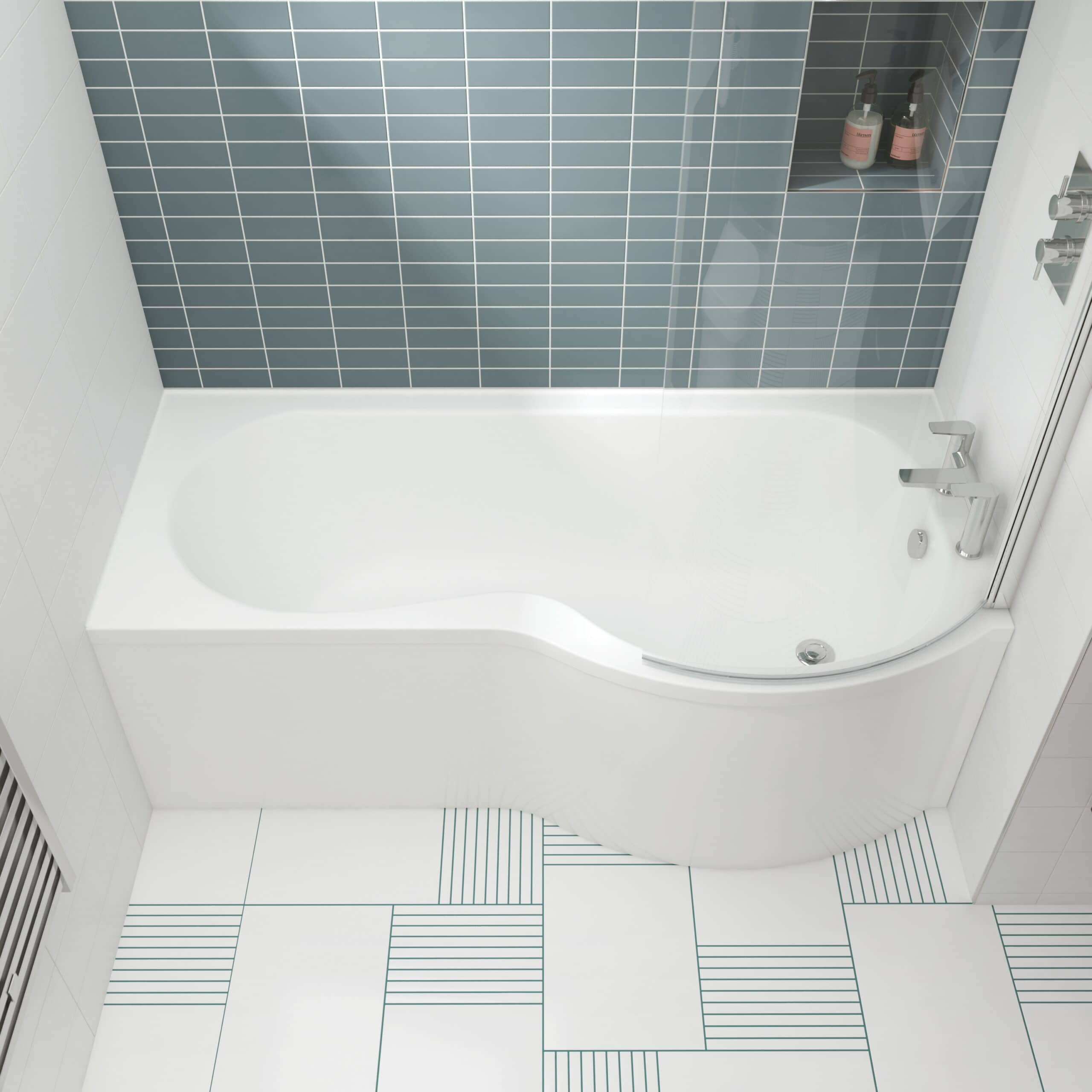 Shower bathtub with modern white design and aqua tile wall, in a contemporary bathroom setting, ideal for stylish bathroom renovation projects.