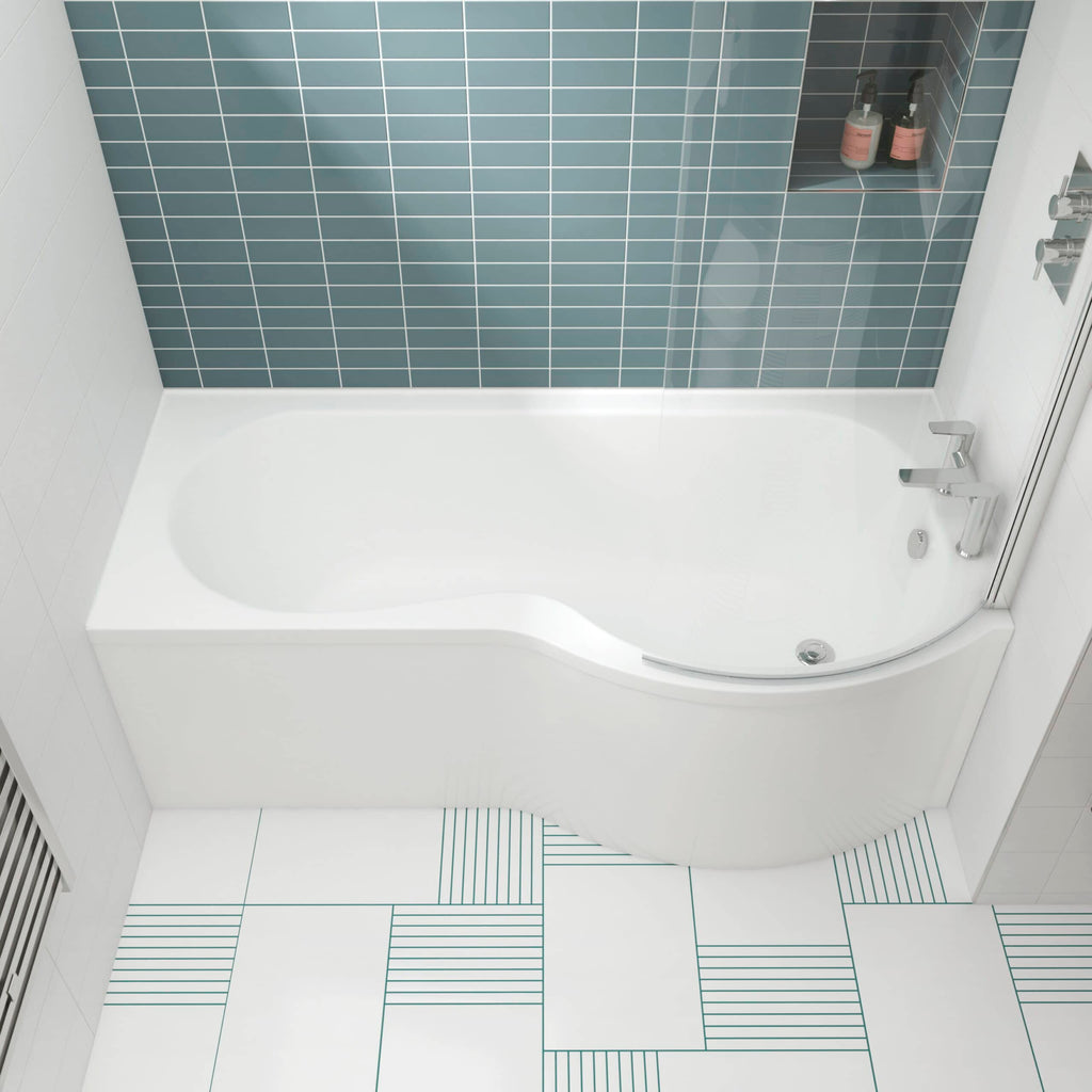 Shower bathtub with modern white design and aqua tile wall, in a contemporary bathroom setting, ideal for stylish bathroom renovation projects.