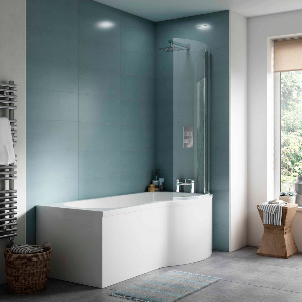 Sleek modern bathroom with a white bathtub, glass shower screen, and blue tiled walls, showcasing luxurious bathroom fixtures and contemporary design.