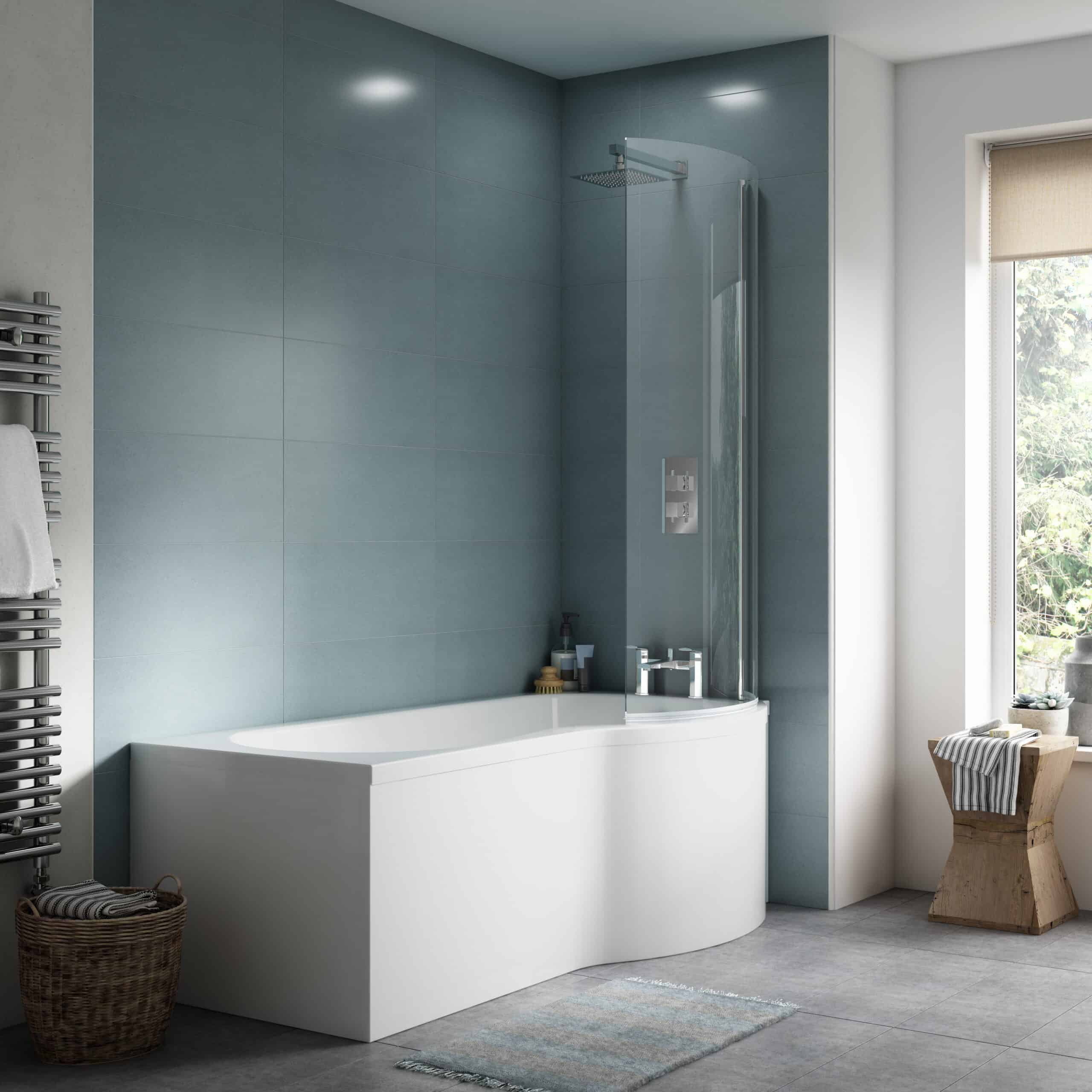 Sleek modern bathroom with a white bathtub, glass shower screen, and blue tiled walls, showcasing luxurious bathroom fixtures and contemporary design.