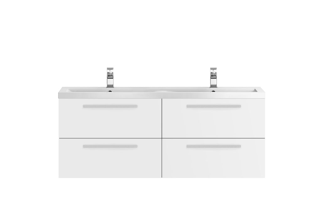 Contemporary white double bathroom vanity with integrated sinks and modern chrome faucets, ideal for stylish bathroom remodels and enhancing bathroom storage.