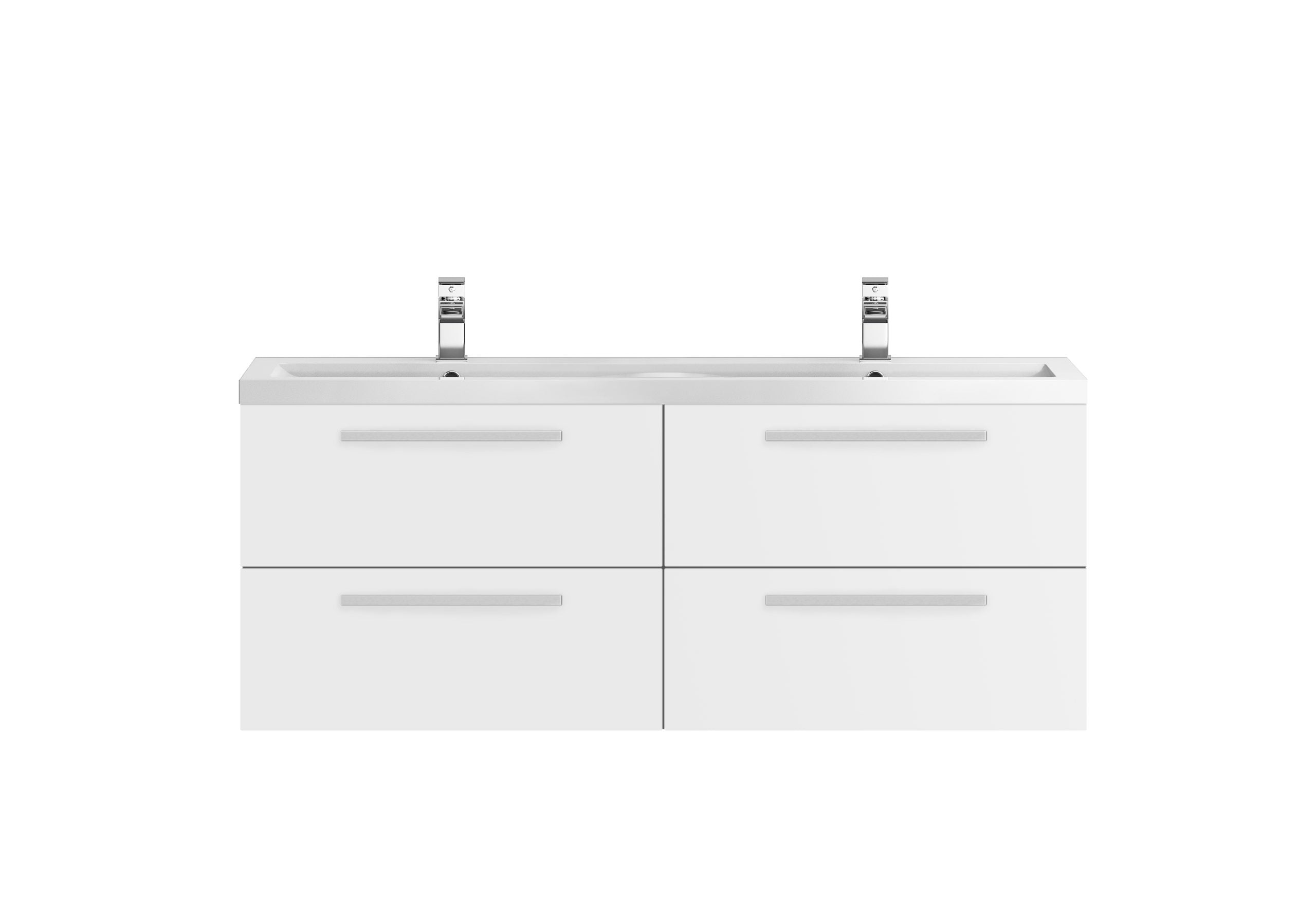 Contemporary white double bathroom vanity with integrated sinks and modern chrome faucets, ideal for stylish bathroom remodels and enhancing bathroom storage.