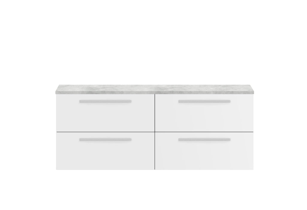Modern white bathroom vanity unit with grey marble top, four spacious drawers, sleek silver handles, ideal for contemporary bathroom storage solutions.