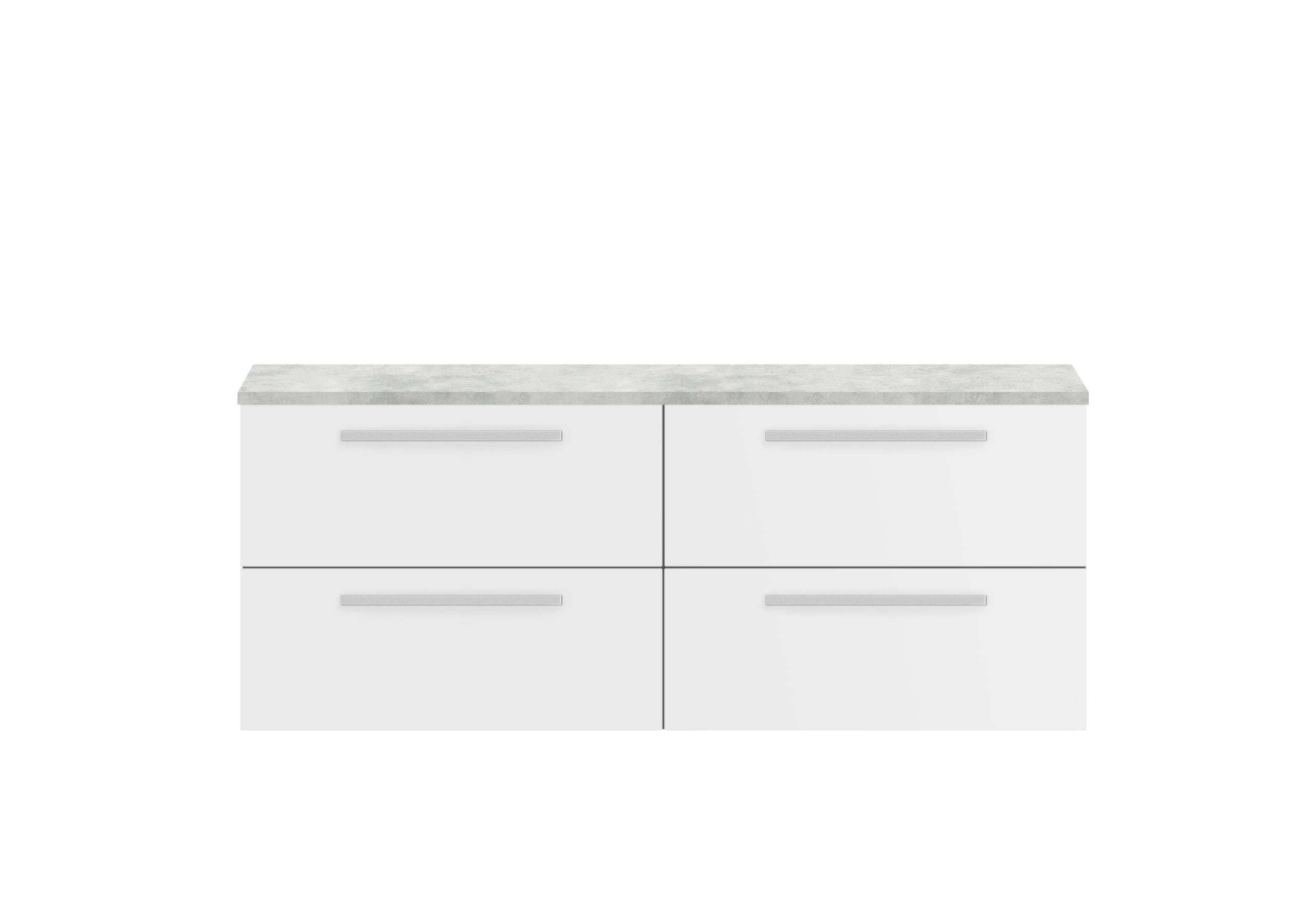 Modern white bathroom vanity unit with grey marble top, four spacious drawers, sleek silver handles, ideal for contemporary bathroom storage solutions.