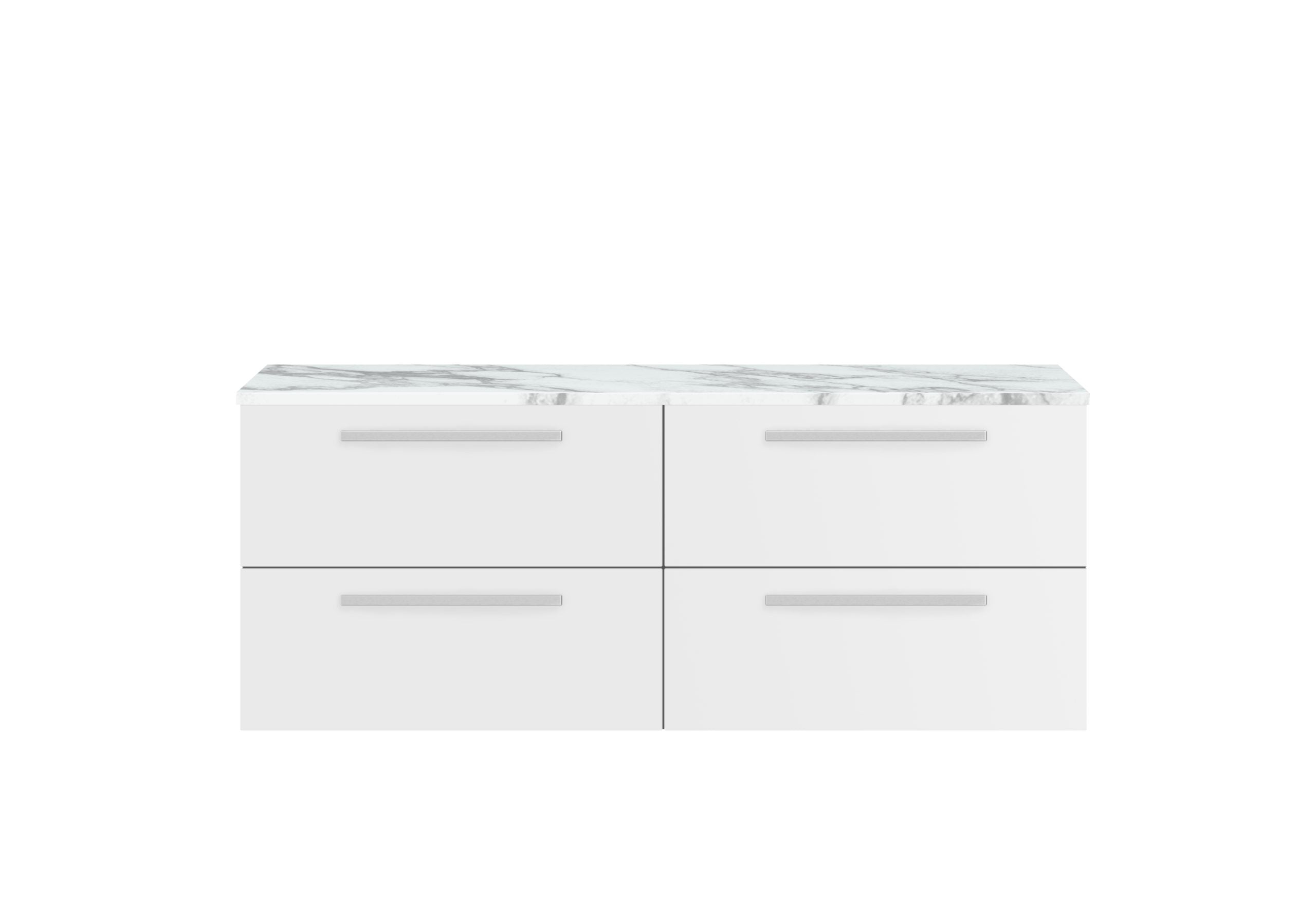 Sleek modern white bathroom vanity unit with marble top, featuring four spacious drawers and minimalist handles, perfect for contemporary bathroom storage and design.