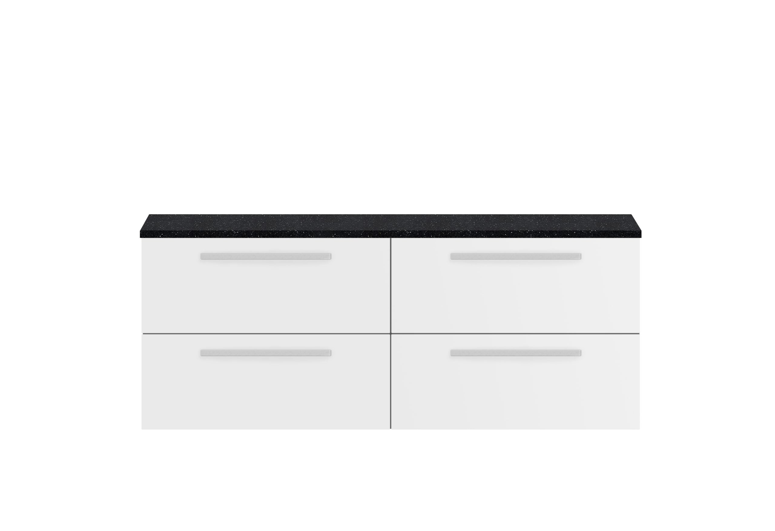 Modern white bathroom vanity unit with black composite worktop, sleek handleless drawers, ideal for contemporary bathroom designs, providing stylish storage solutions.