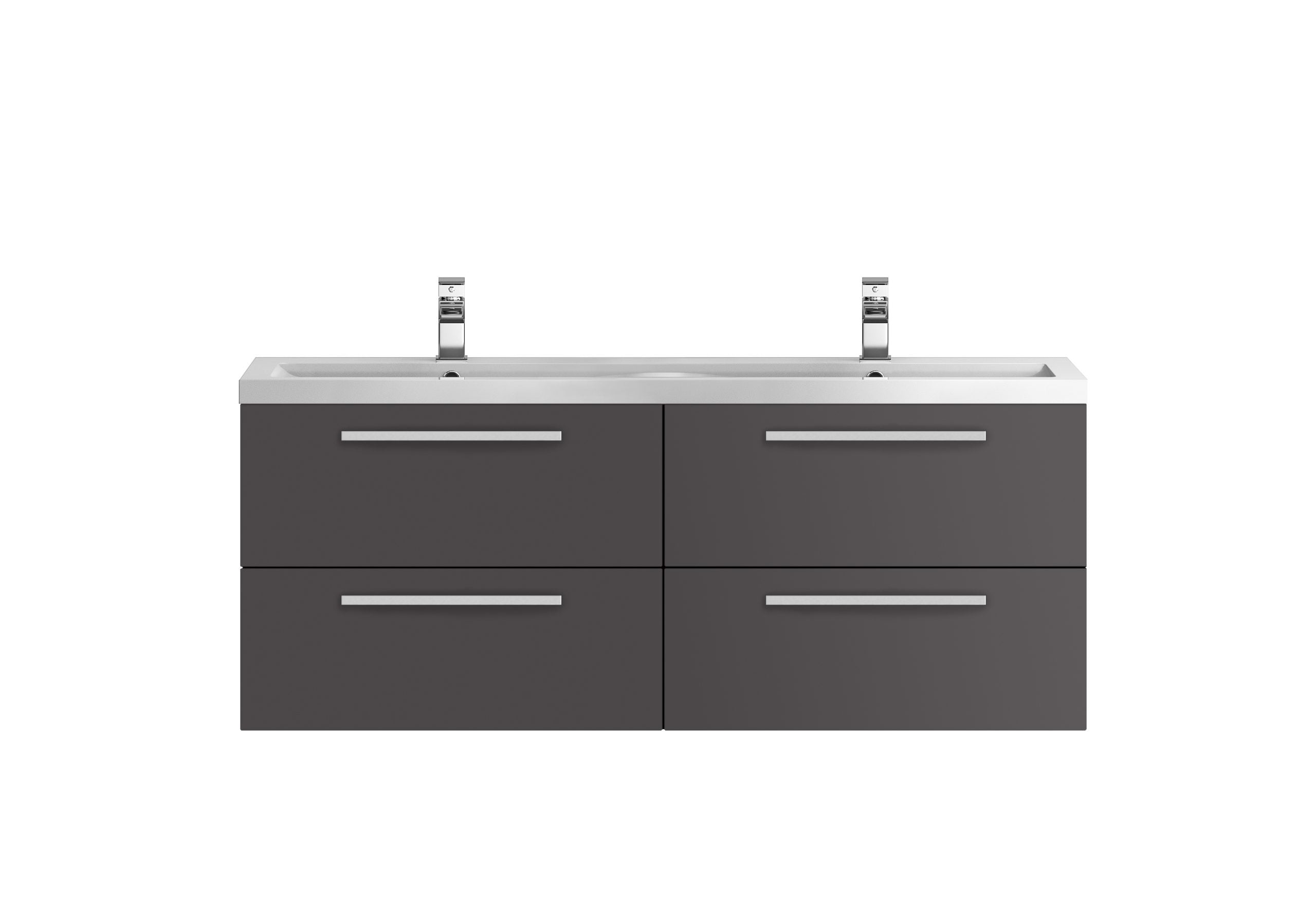Modern double bathroom vanity with grey cabinetry and white countertop, featuring sleek silver handles and dual sinks, ideal for contemporary bathroom designs.
