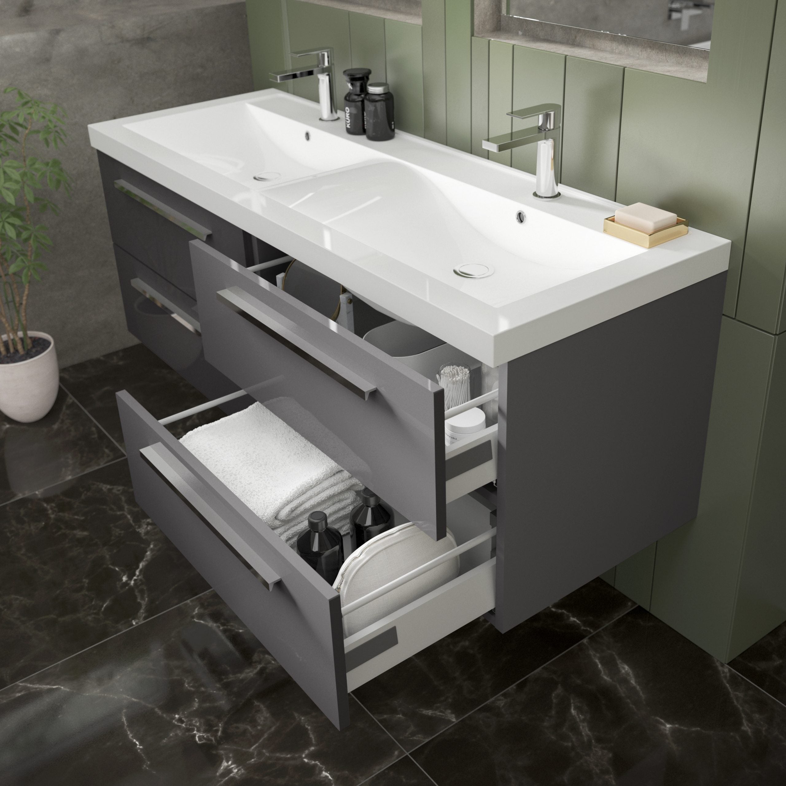 Modern double bathroom vanity with grey drawers and a white countertop, equipped with two sinks and chrome taps, storage drawers open showing towels and bathroom essentials, in a stylish bathroom setting.