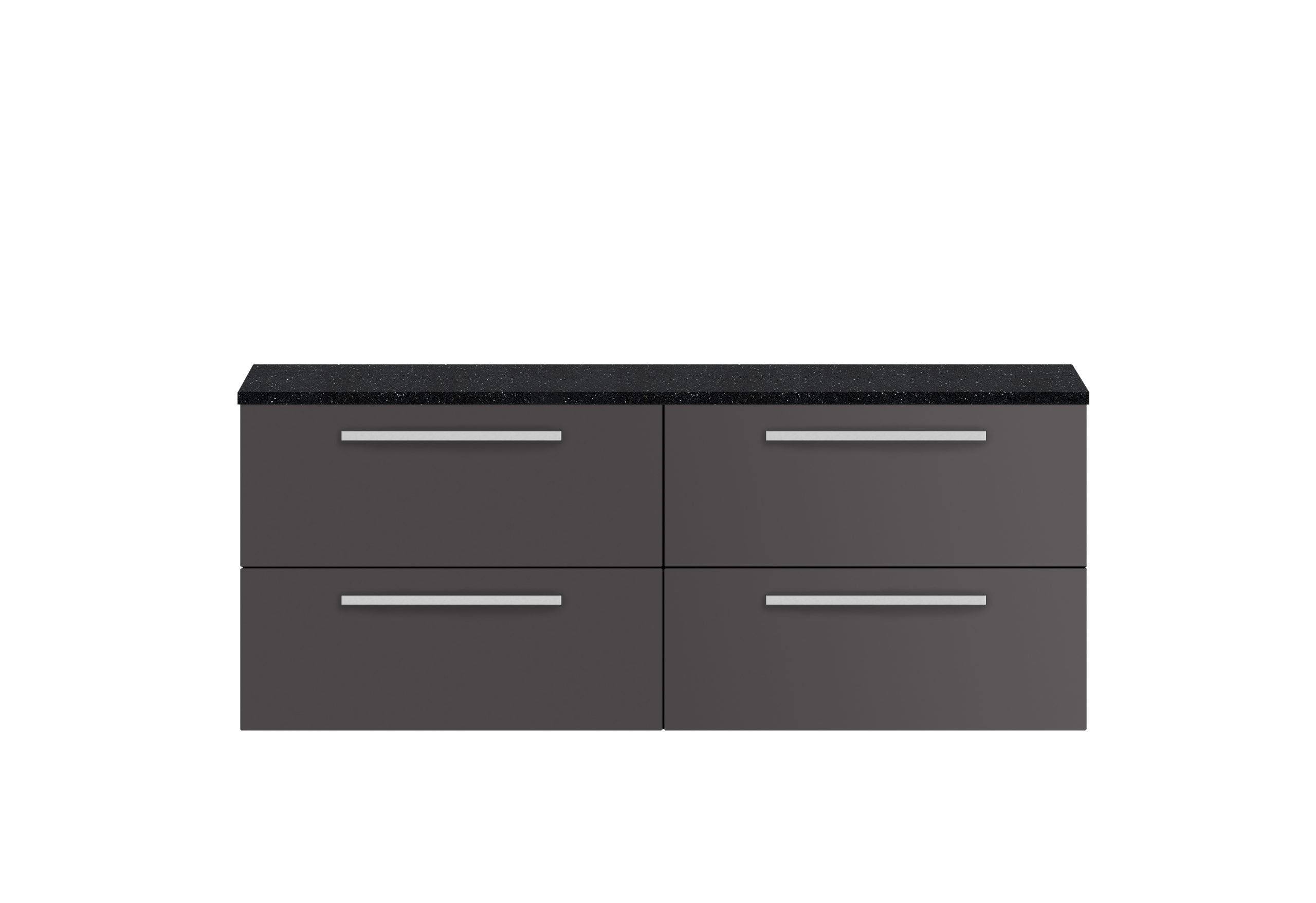 Modern grey bathroom vanity with black speckled countertop, sleek silver handles, and ample storage drawers, perfect for contemporary bathroom interiors.