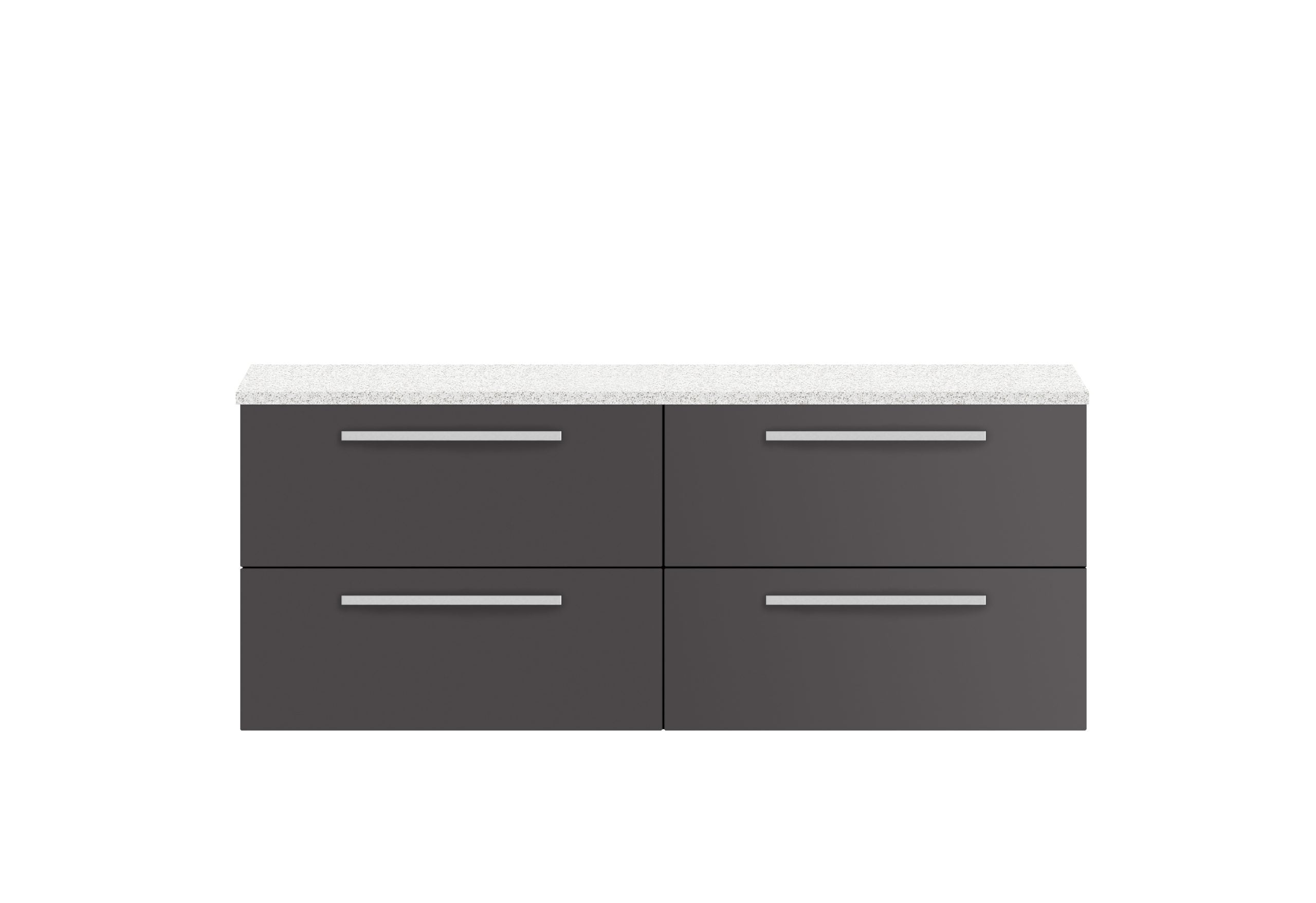 Gray bathroom vanity unit with sleek silver handles and a white countertop, ideal for modern bathroom storage and organisation.