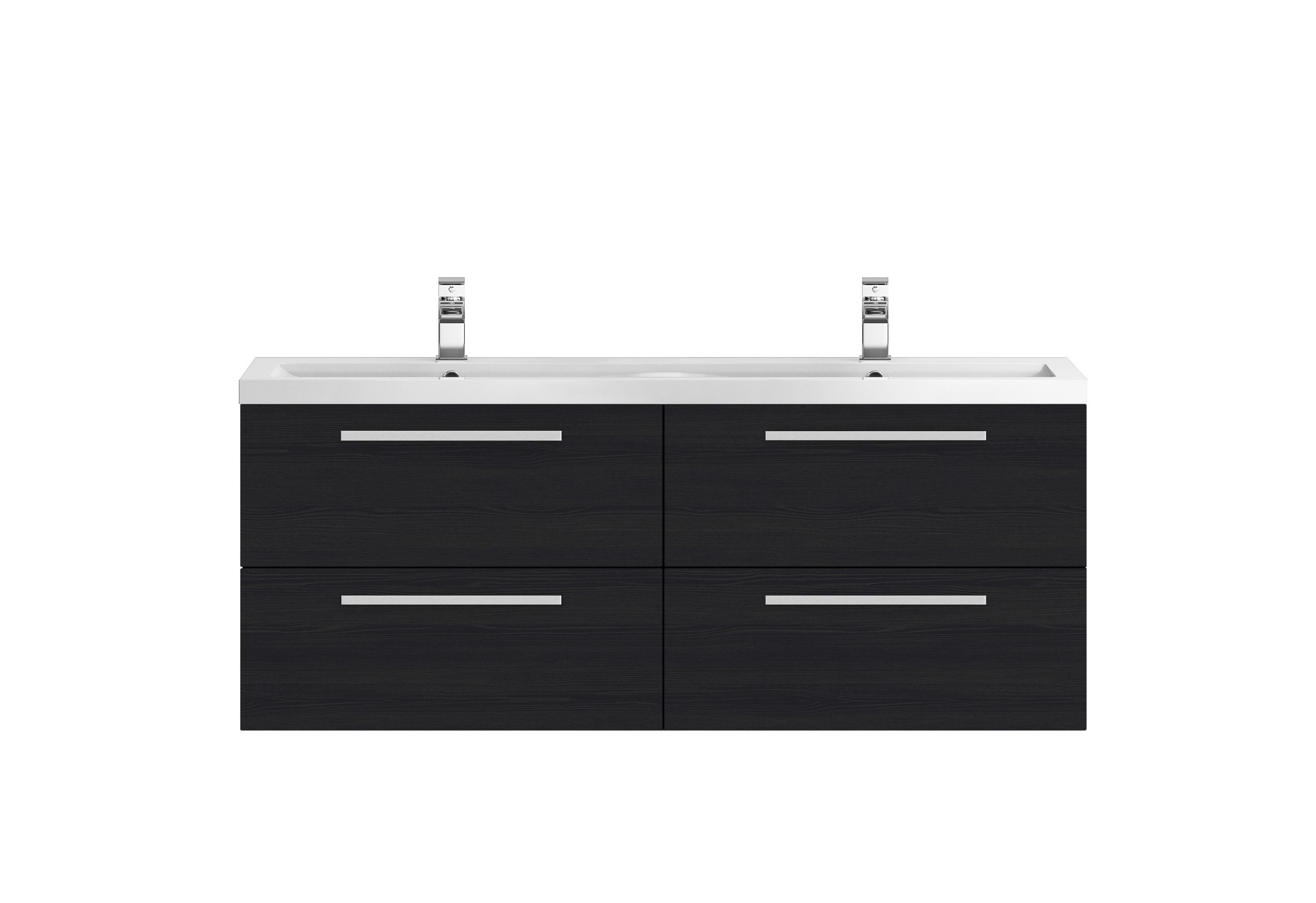 Sleek black double vanity unit with integrated sinks and modern chrome taps, perfect for contemporary bathrooms. Stylish, functional bathroom furniture from Bubly Bathrooms.