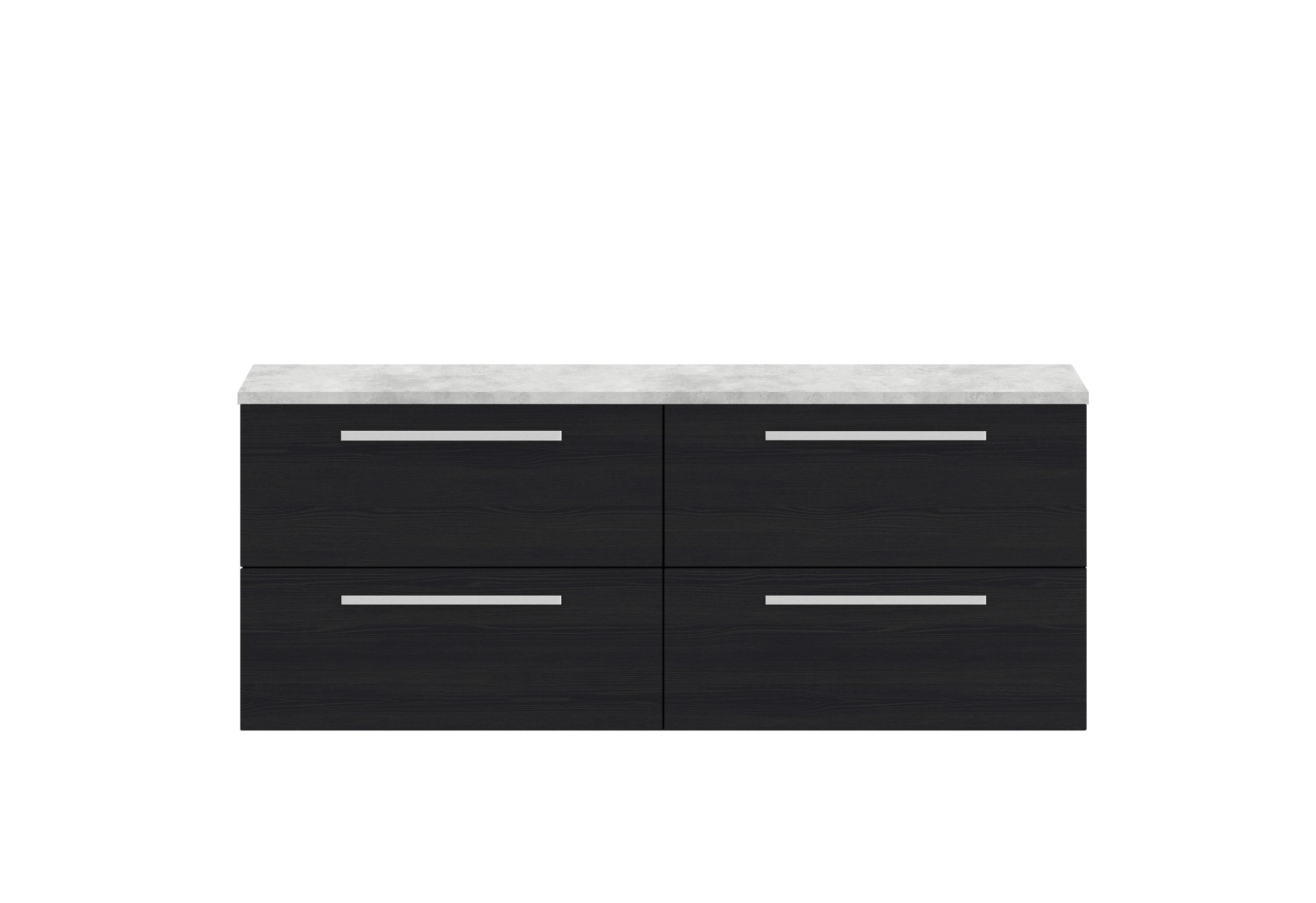 Modern black bathroom vanity unit with four drawers and a light grey marble top, ideal for contemporary bathroom storage and styling.