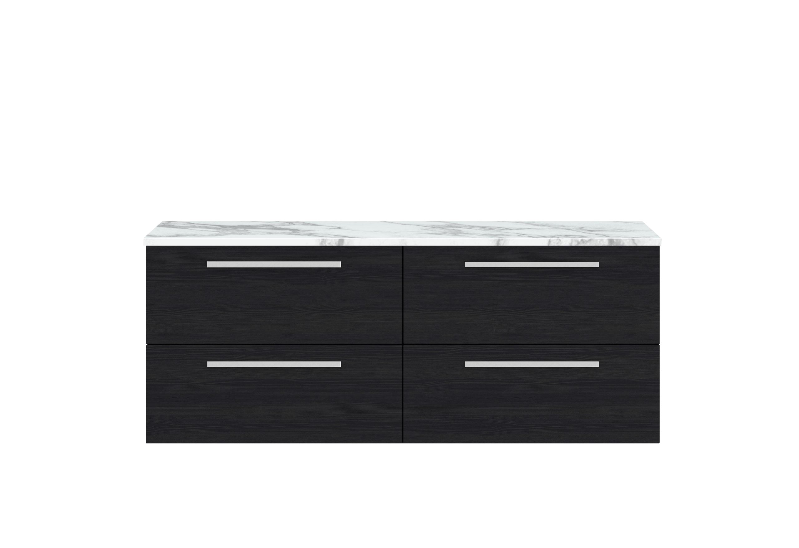 Modern black bathroom vanity with sleek silver handles and a white marble top, perfect for contemporary bathroom design.