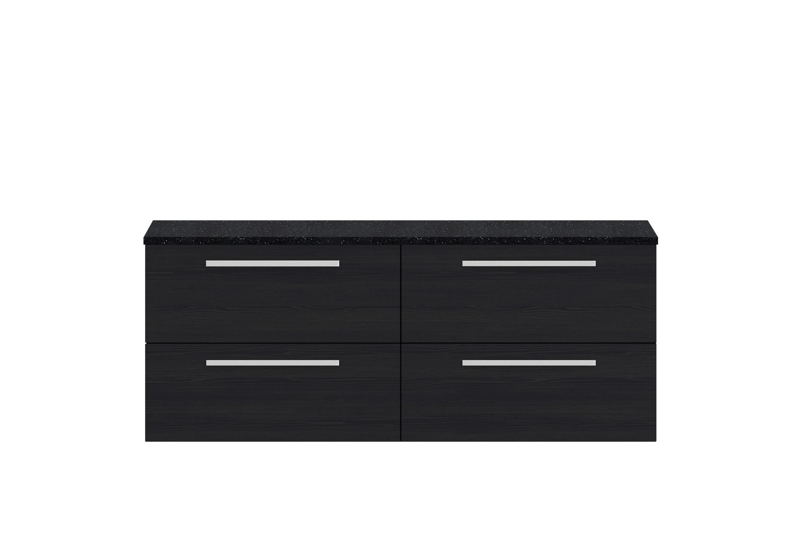 Modern black bathroom vanity unit with four drawers and sleek silver handles, topped with a black granite worktop, ideal for contemporary bathroom design.