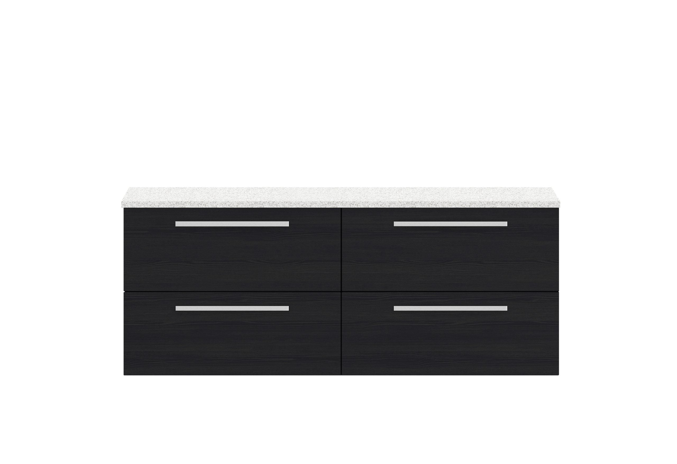 Modern black bathroom vanity with a white granite countertop, featuring sleek silver handles, ideal for contemporary bathroom designs.