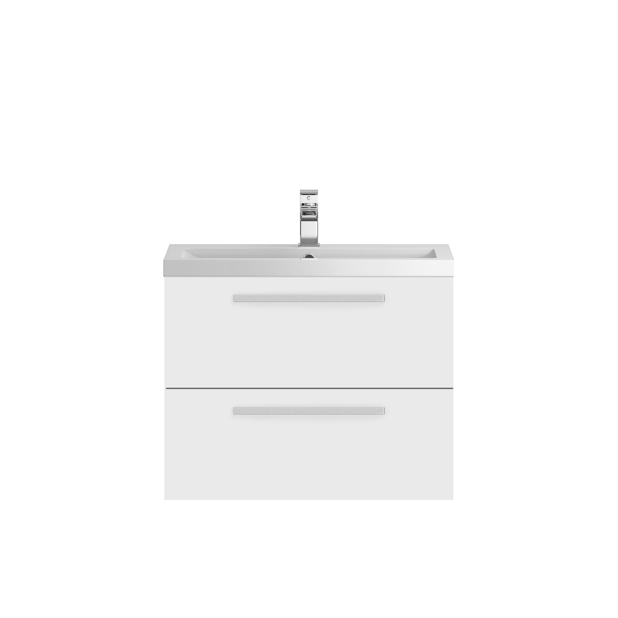 Contemporary white bathroom vanity with integrated sink and chrome faucet, modern design perfect for sleek bathroom upgrades.