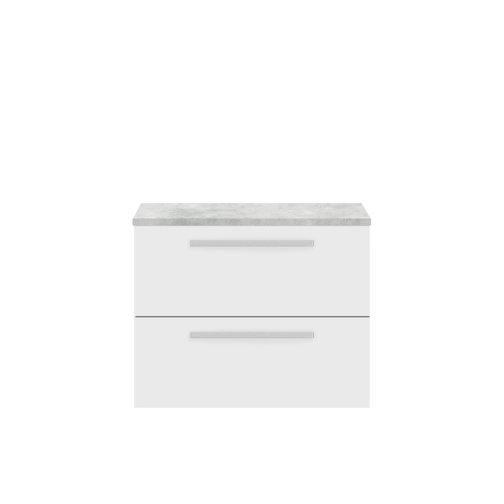 Modern white bathroom vanity with sleek aluminium handles and a marble-effect countertop, perfect for contemporary bathroom storage solutions.