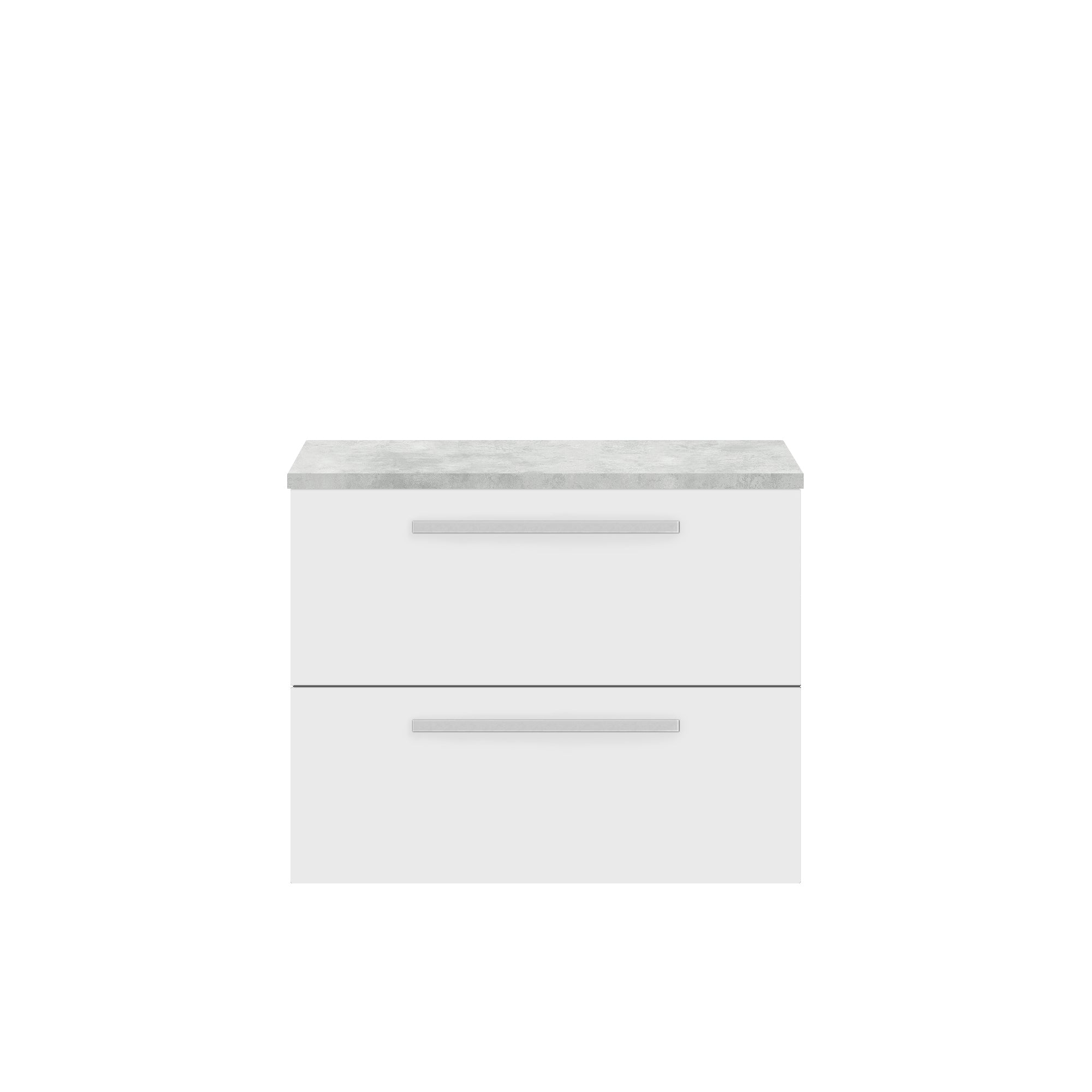 Modern white bathroom vanity with sleek aluminium handles and a marble-effect countertop, perfect for contemporary bathroom storage solutions.