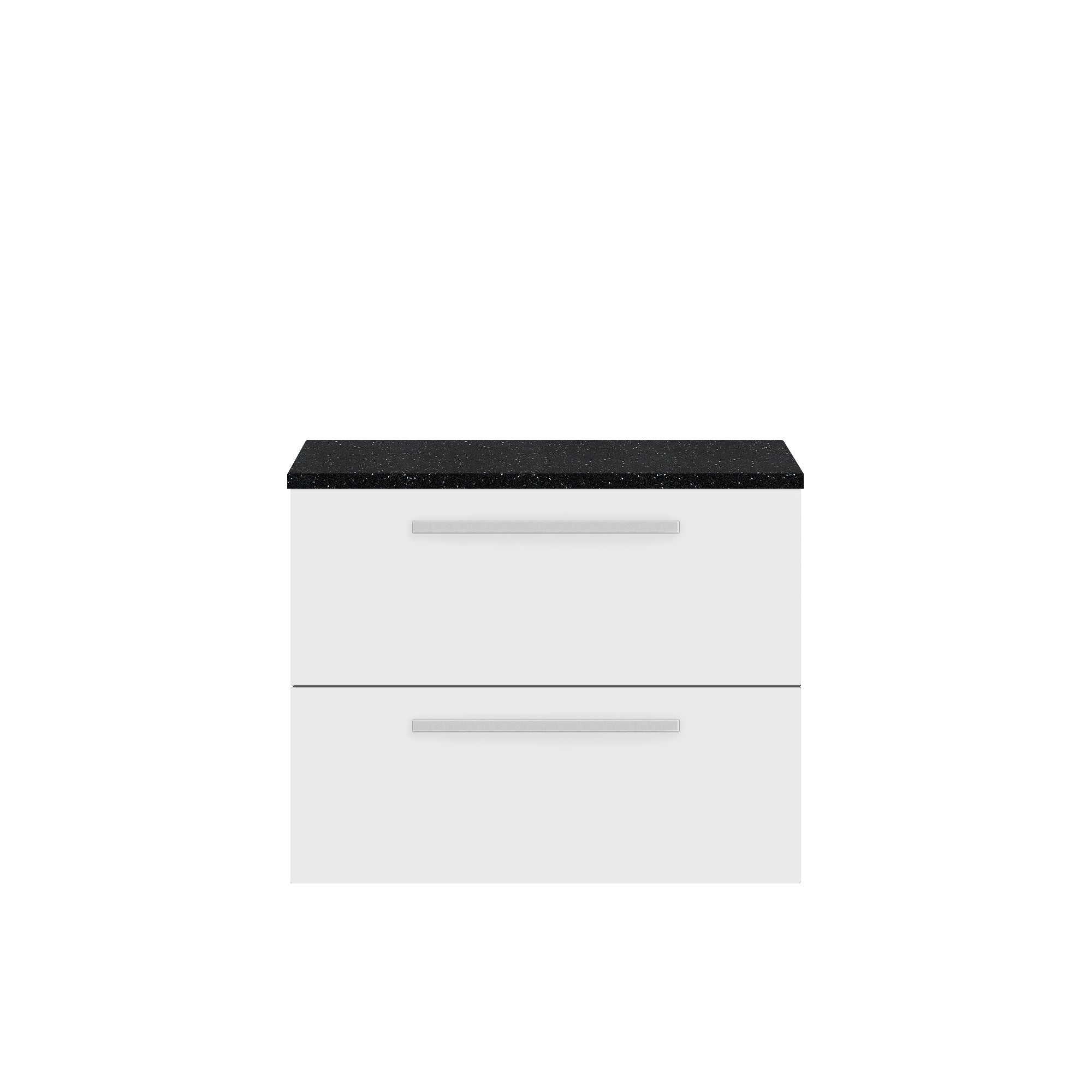 Modern white bathroom vanity unit with black granite countertop, sleek chrome handles, and ample storage drawers, perfect for contemporary bathroom interiors.