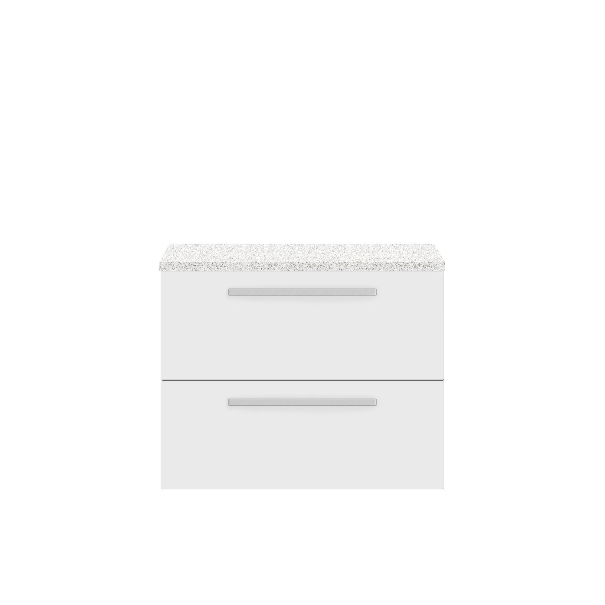 Modern white bathroom vanity unit with a stone top, featuring sleek silver handles, ideal for contemporary bathroom design. Perfect for storage and style enhancement.