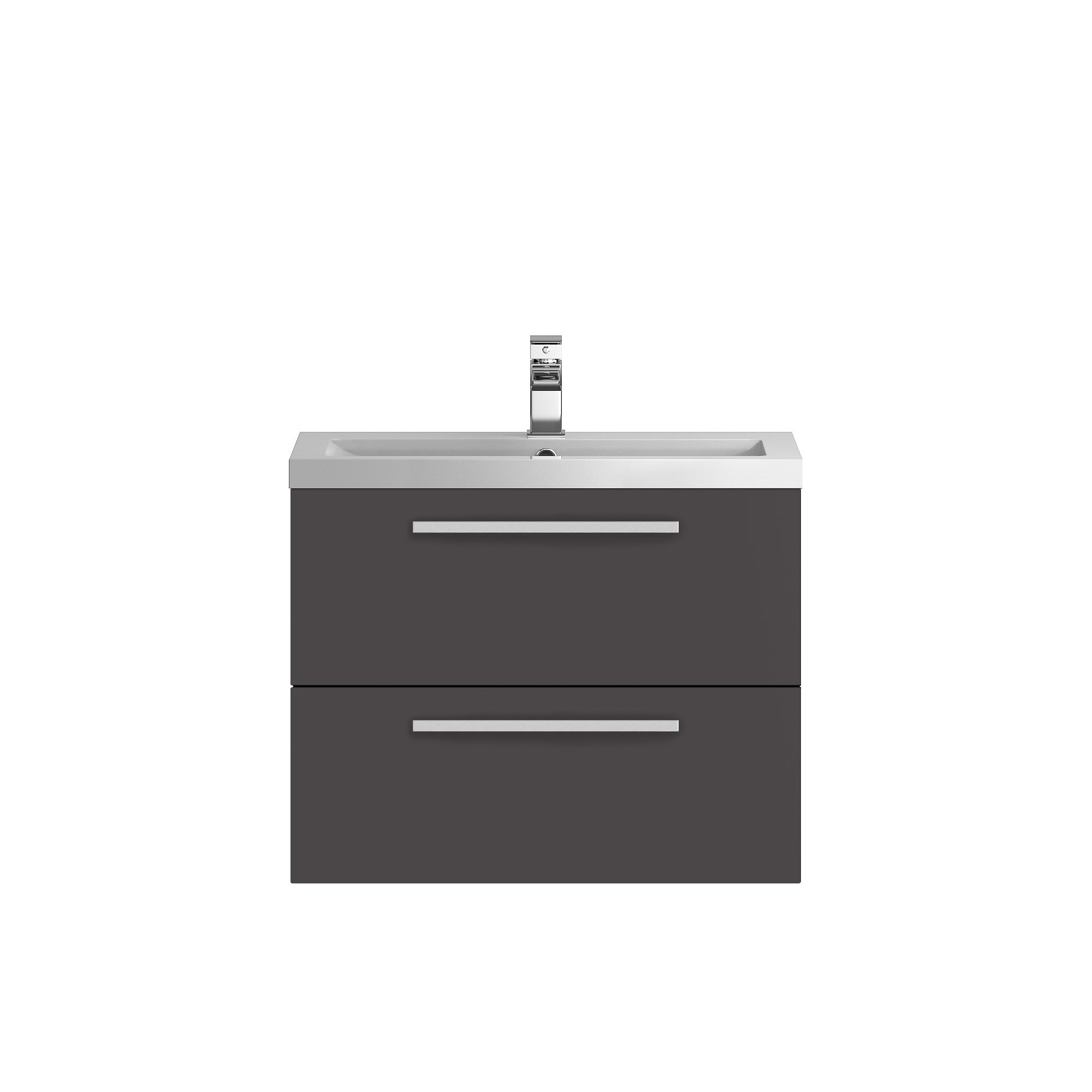 Sleek modern bathroom vanity with a dark grey finish, integrated sink, and minimalist chrome handles, designed for contemporary bathroom decor and optimal space utilisation.