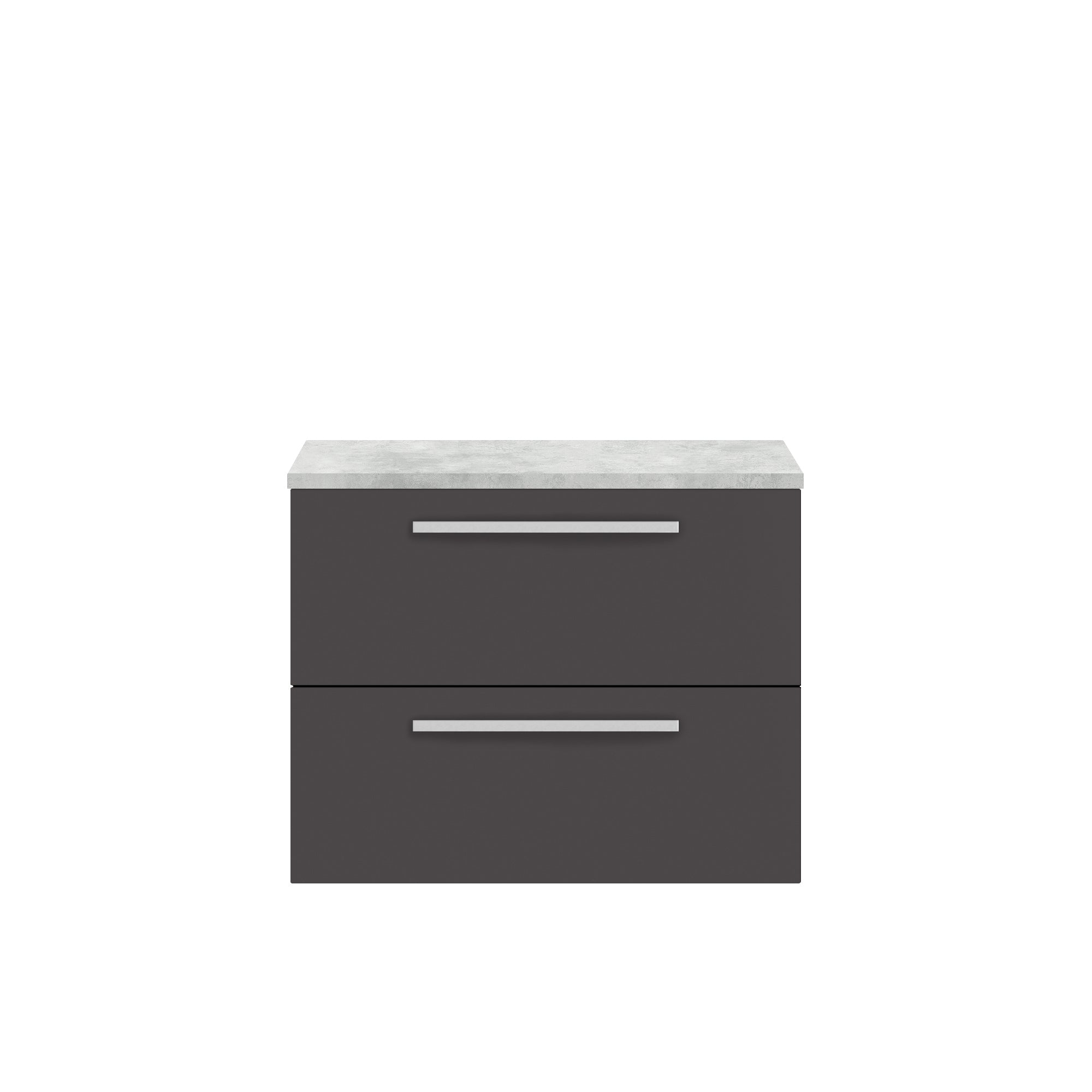 Modern grey bathroom vanity unit with two spacious drawers and sleek metal handles, topped with a light marble effect worktop, ideal for contemporary bathroom storage solutions.