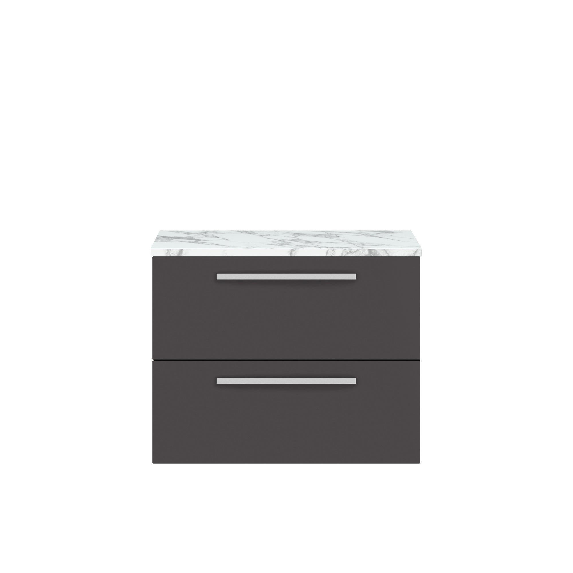 Sleek modern bathroom vanity with dark grey drawers and marble top, perfect for contemporary bathroom interiors, offering stylish storage solutions.