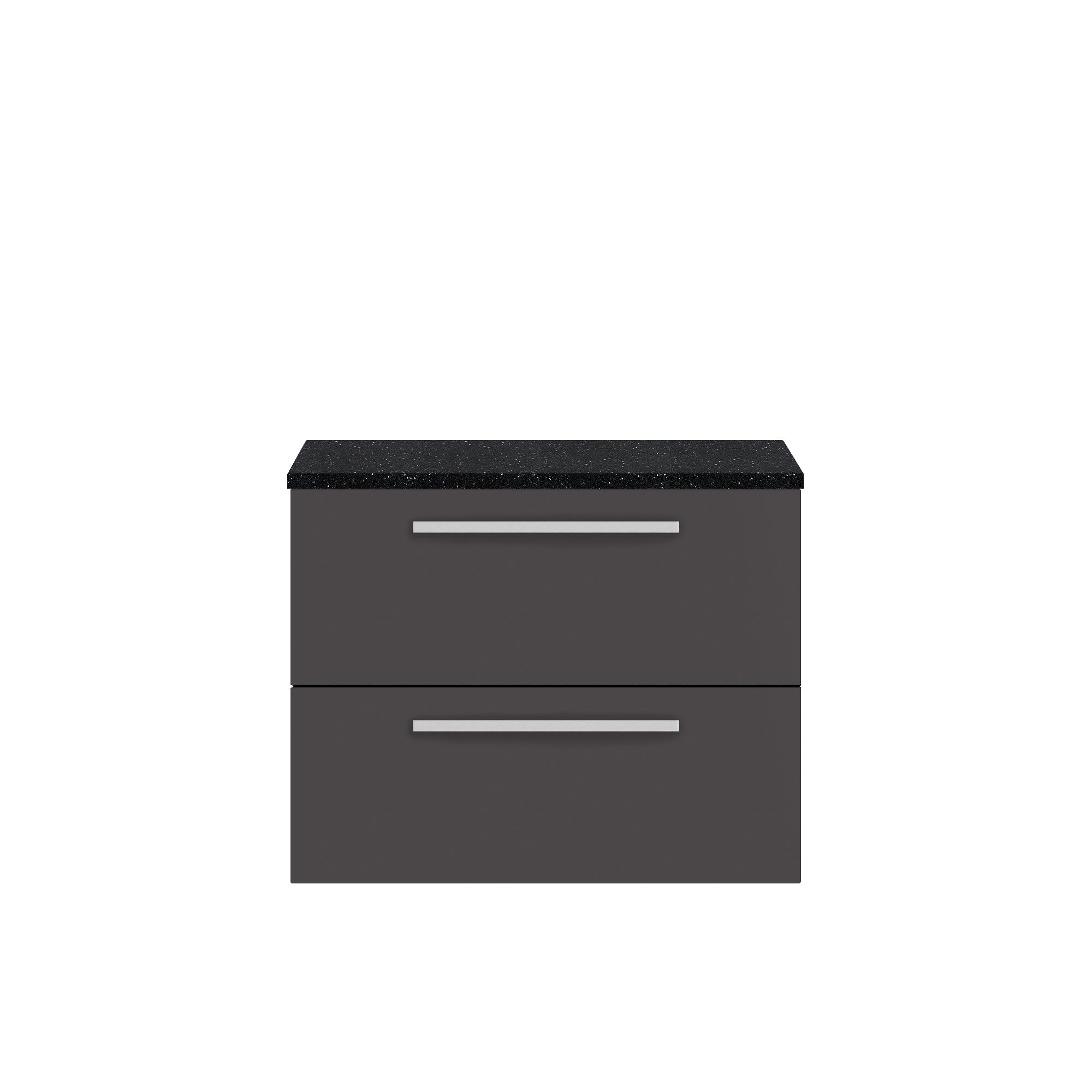 Modern grey bathroom vanity with black countertop and sleek silver handles, perfect for contemporary bathroom design and storage.